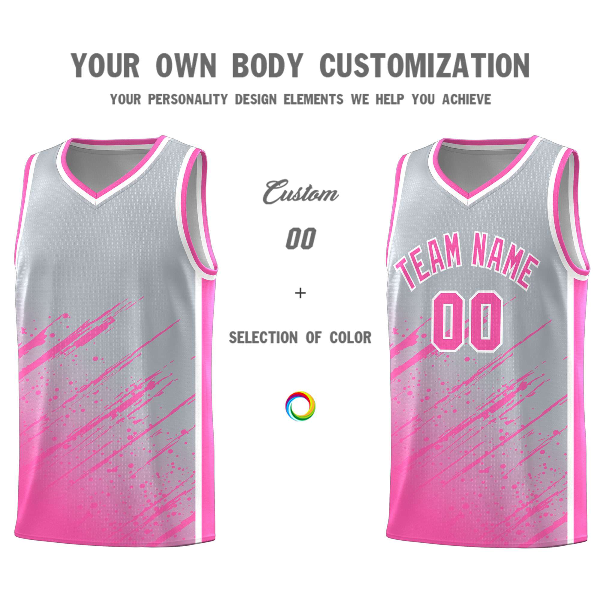 Custom Gray Basketball Kits With Pink Paint Graffiti