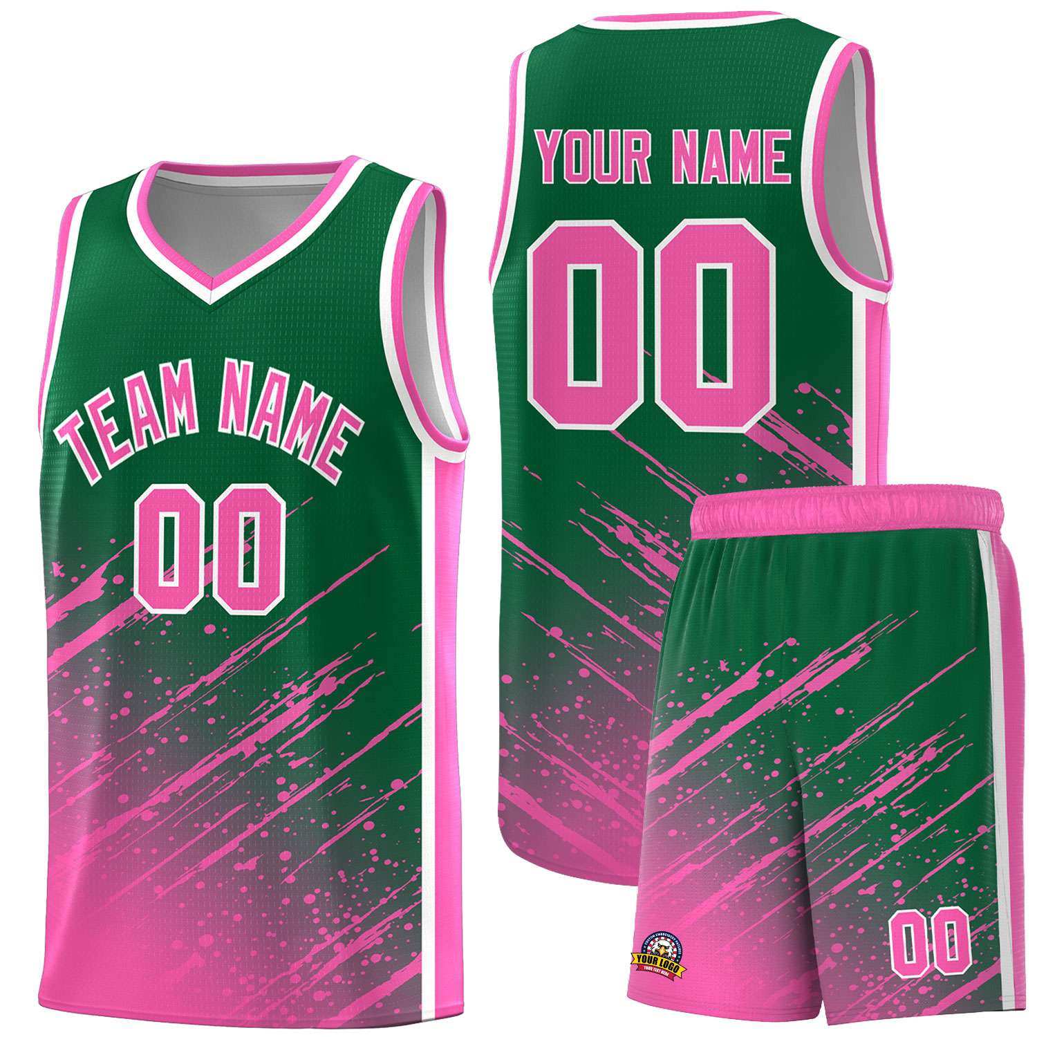 Custom Kelly Green Basketball Kits With Pink Paint Graffiti