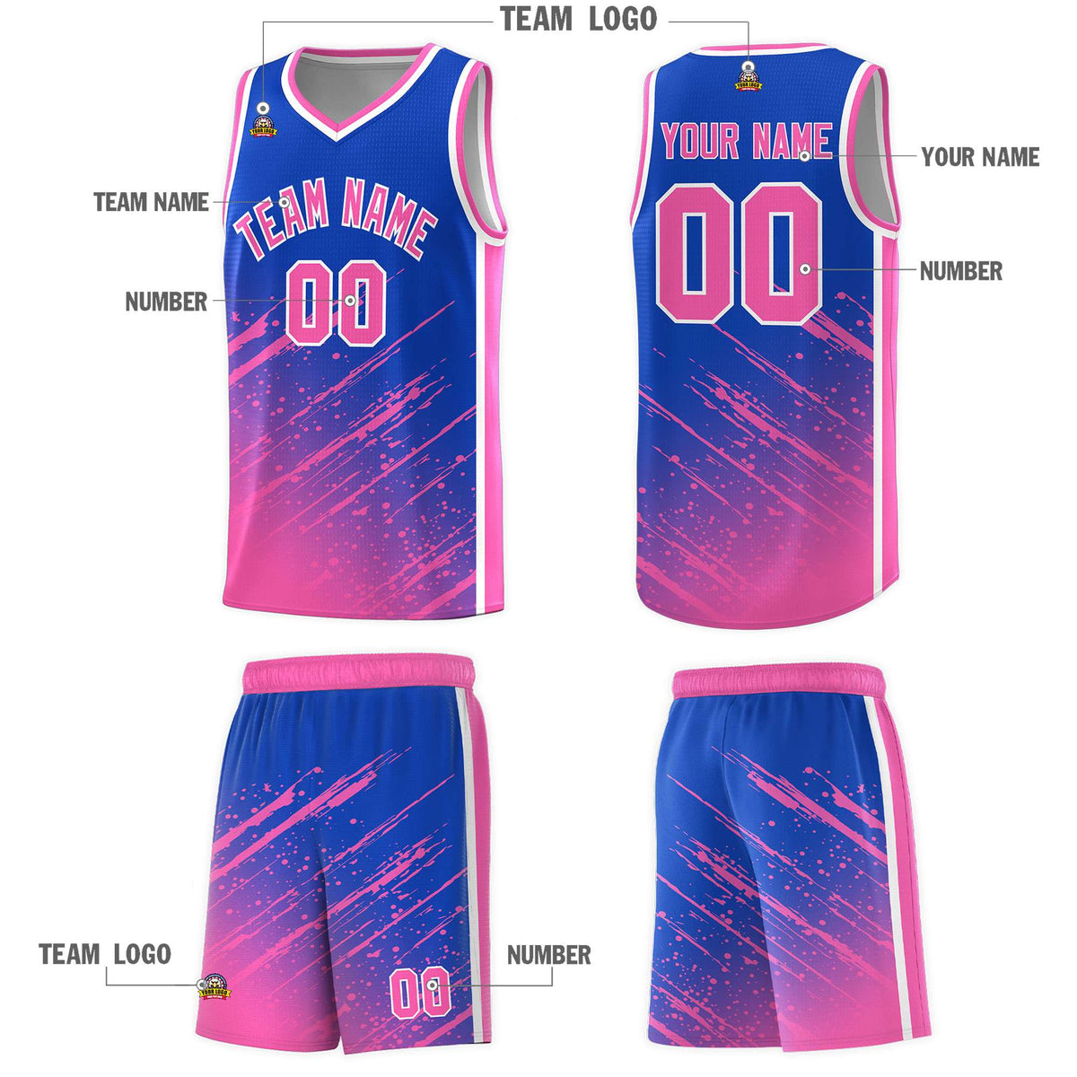 Custom Royal Basketball Kits With Pink Paint Graffiti