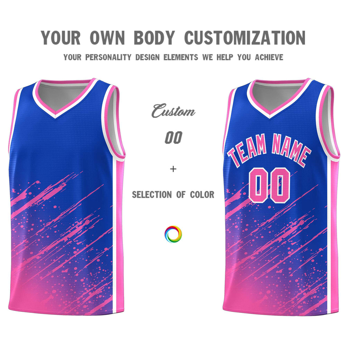 Custom Royal Basketball Kits With Pink Paint Graffiti