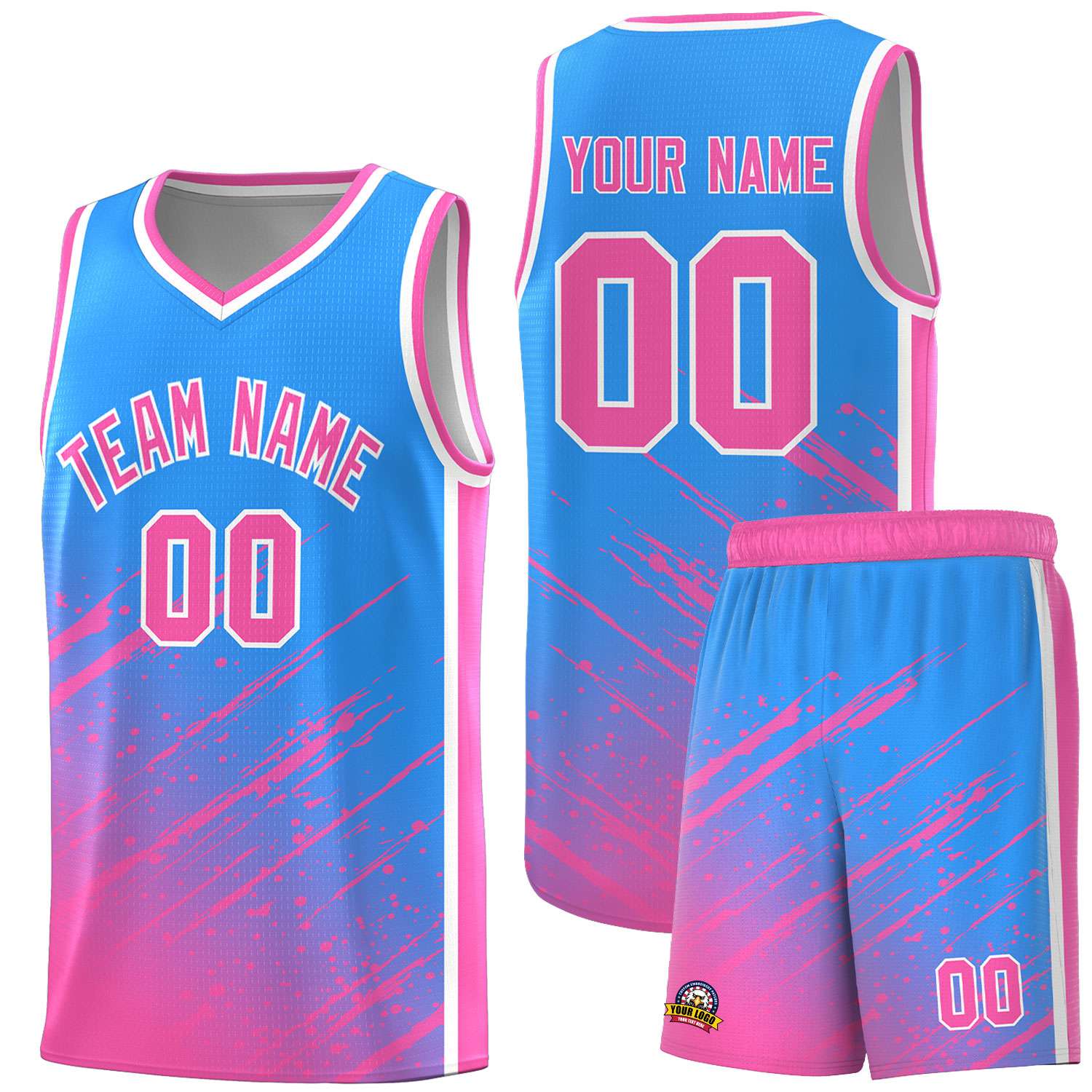 Custom Powder Blue Basketball Kits With Pink Paint Graffiti