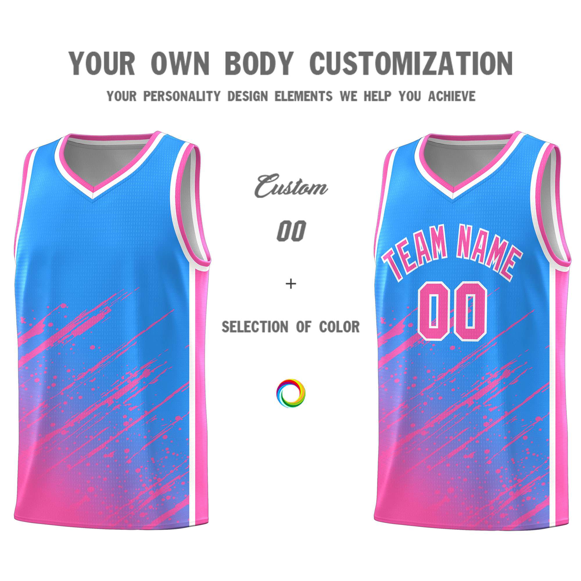 Custom Powder Blue Basketball Kits With Pink Paint Graffiti