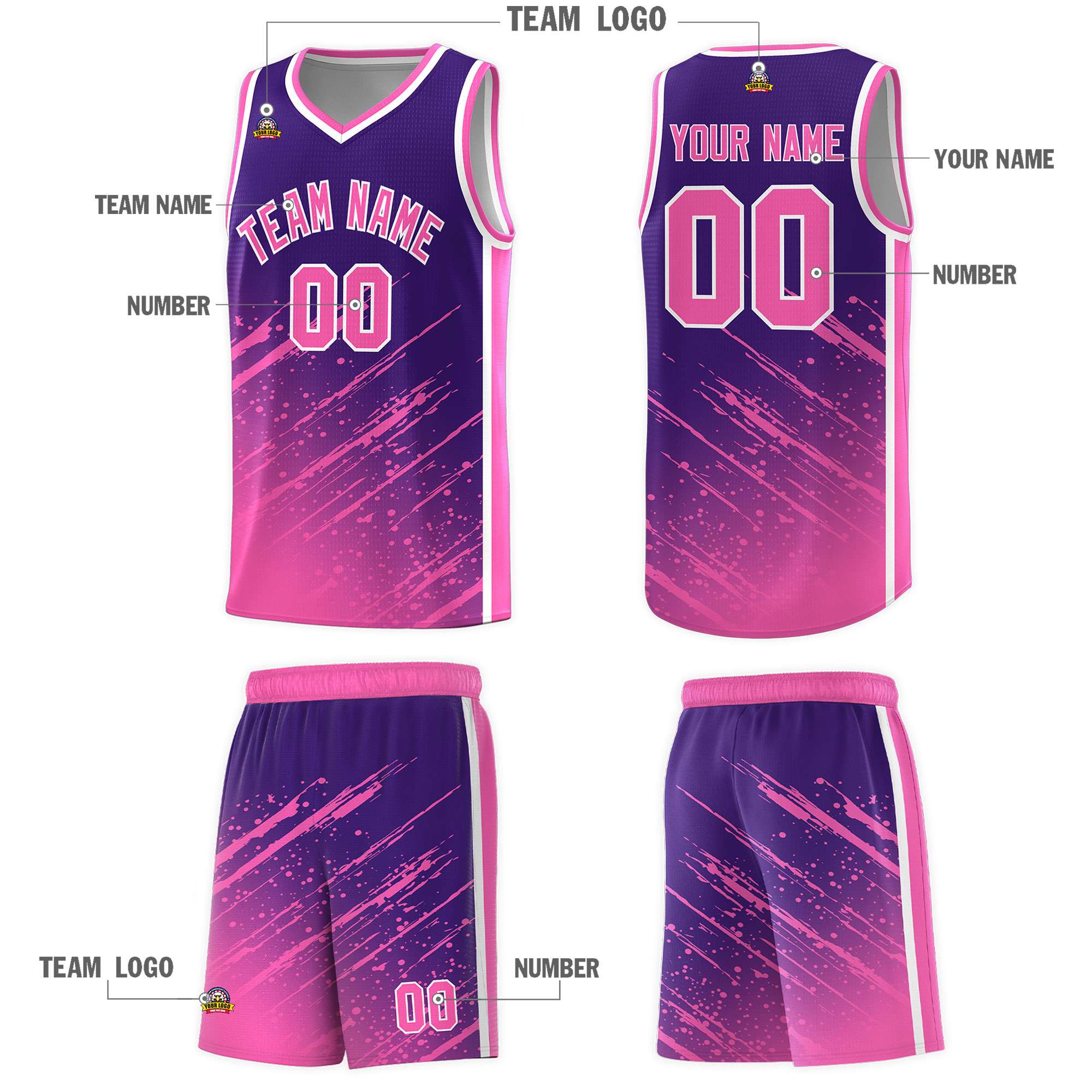 Custom Purple Basketball Kits With Pink Paint Graffiti