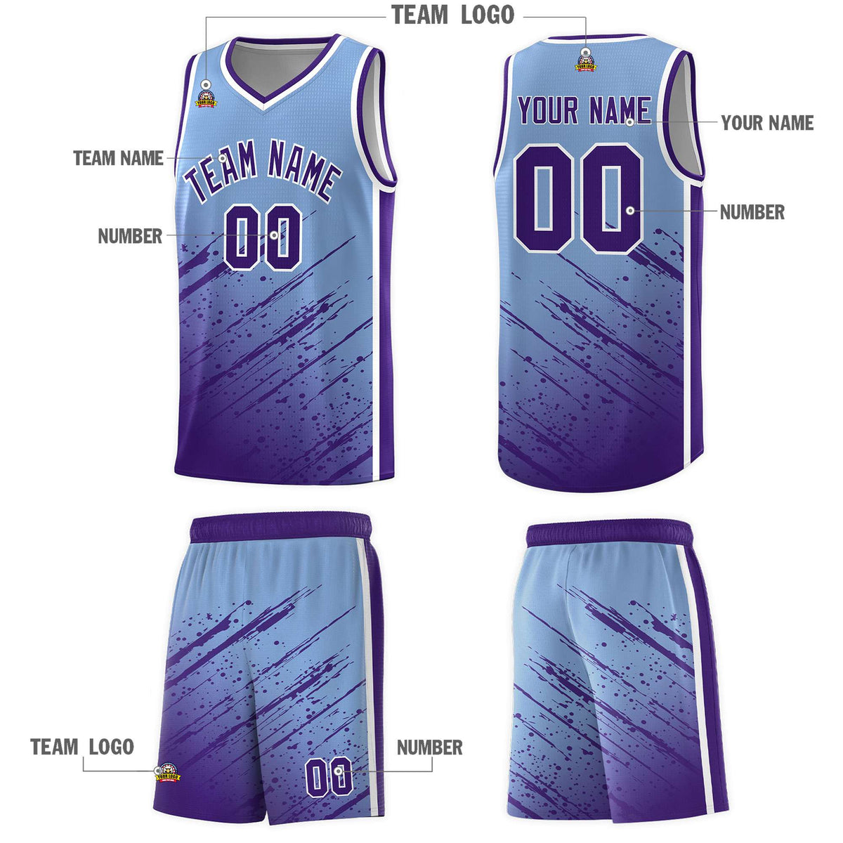 Custom Light Blue Basketball Kits With Purple Paint Graffiti