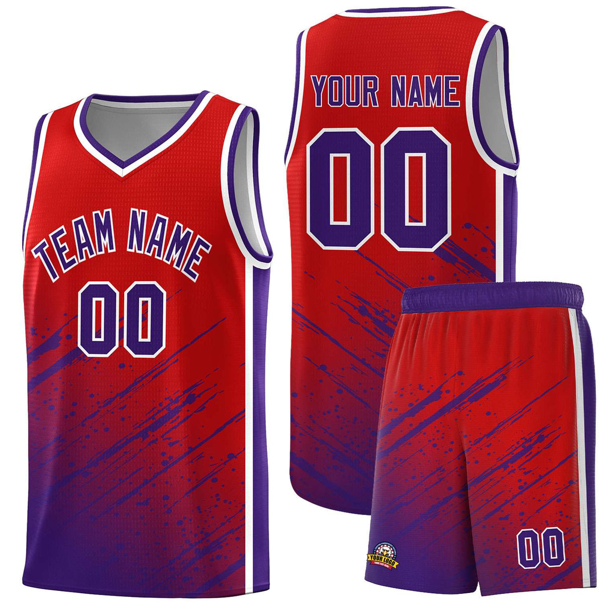Custom Red Basketball Kits With Purple Paint Graffiti