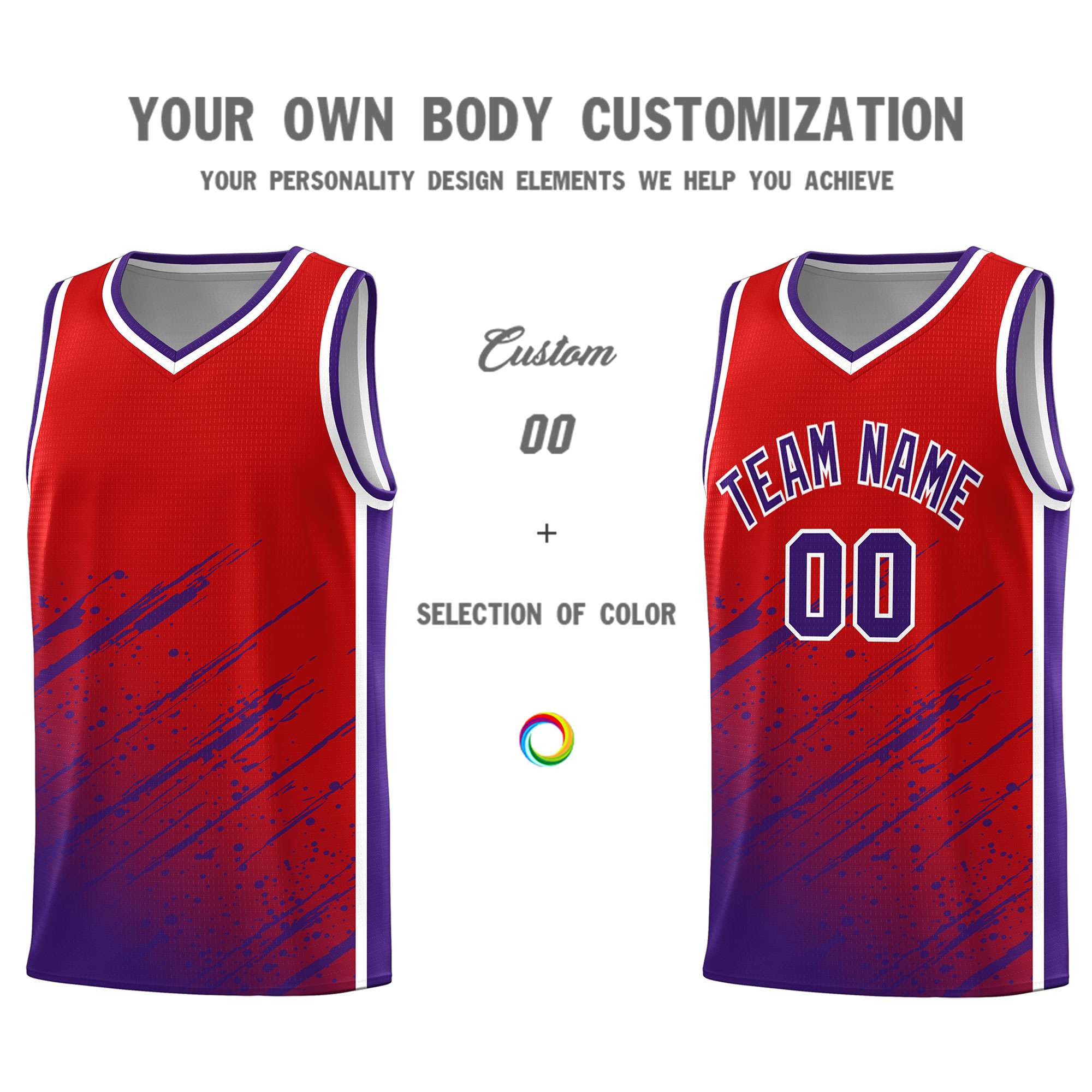Custom Red Basketball Kits With Purple Paint Graffiti