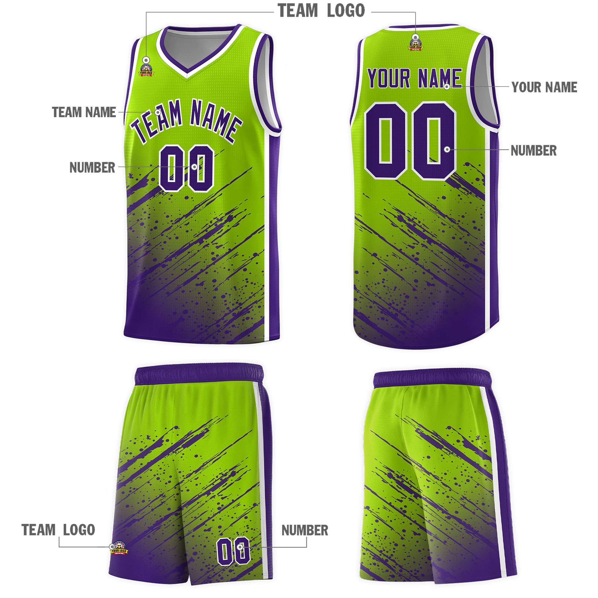 Custom Neon Green Basketball Kits With Purple Paint Graffiti