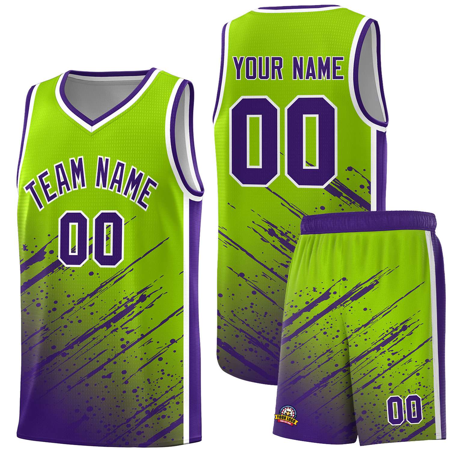 Custom Neon Green Basketball Kits With Purple Paint Graffiti