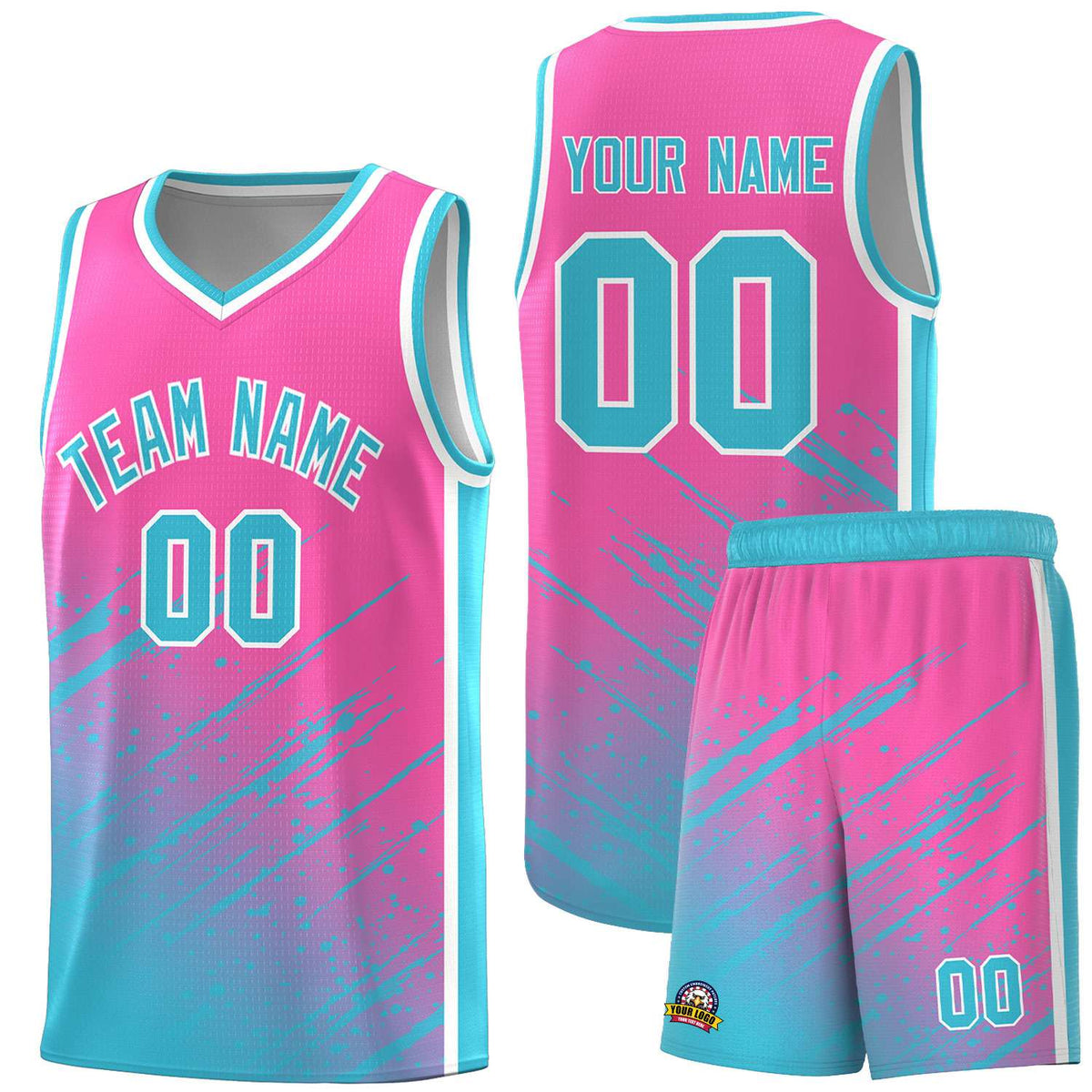 Custom Pink Basketball Kits With Sky Blue Paint Graffiti
