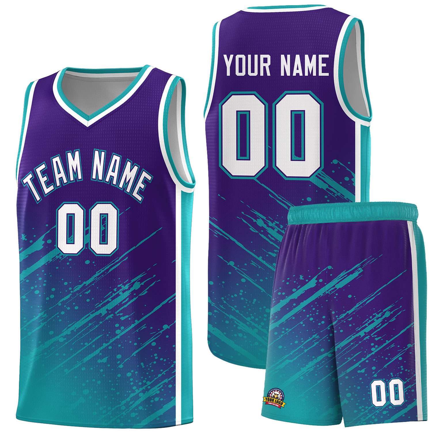 Custom Purple Basketball Kits With Aqua Paint Graffiti