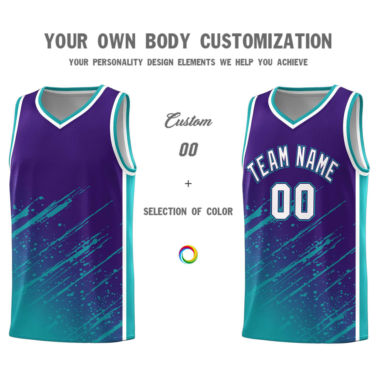 Custom Purple Basketball Kits With Aqua Paint Graffiti