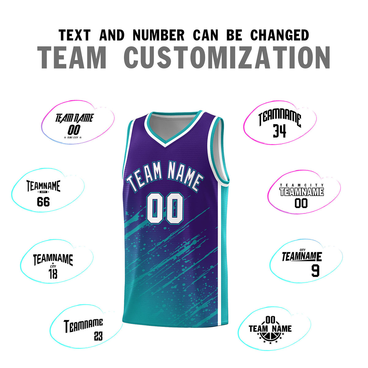 Custom Purple Basketball Kits With Aqua Paint Graffiti