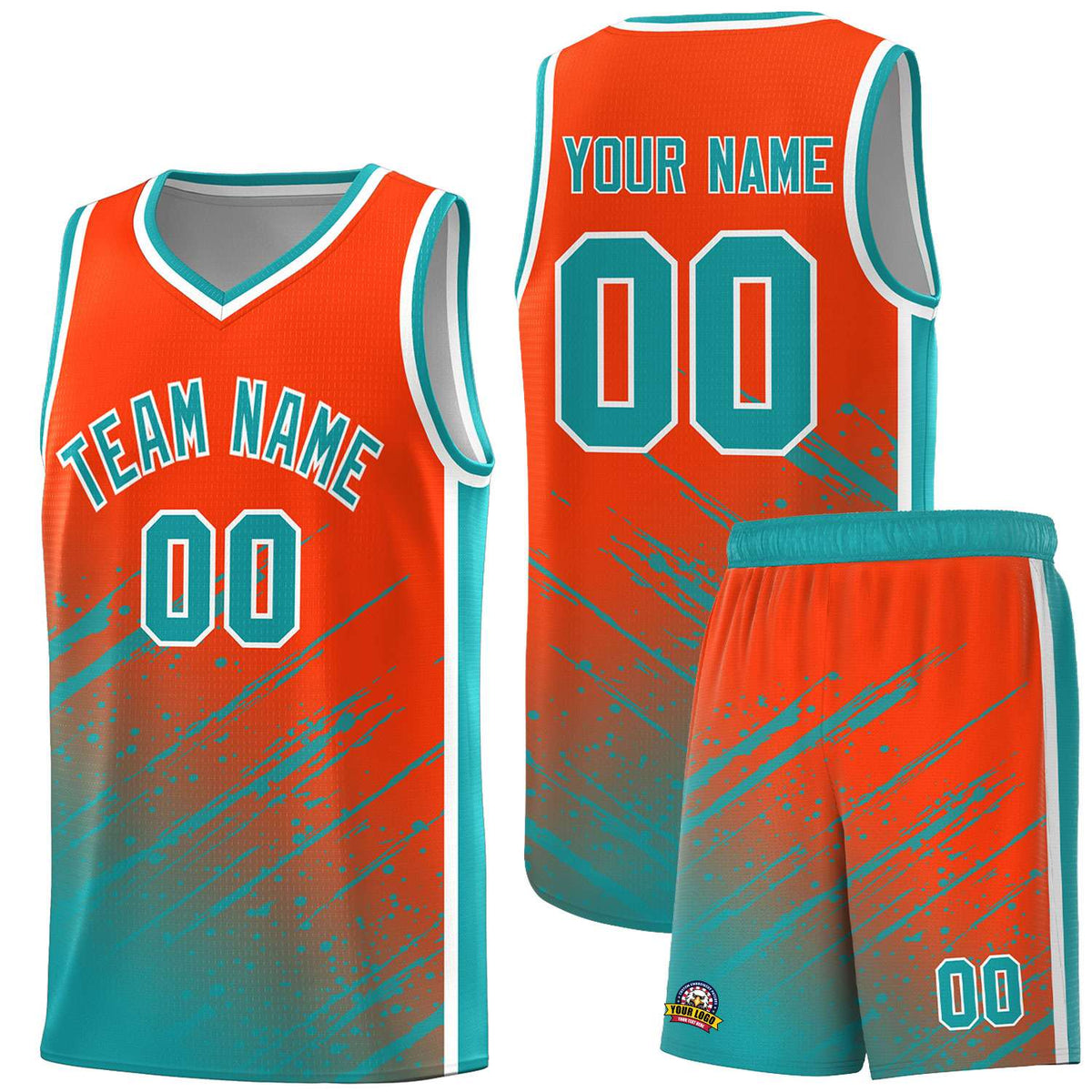 Custom Orange Basketball Kits With Aqua Paint Graffiti