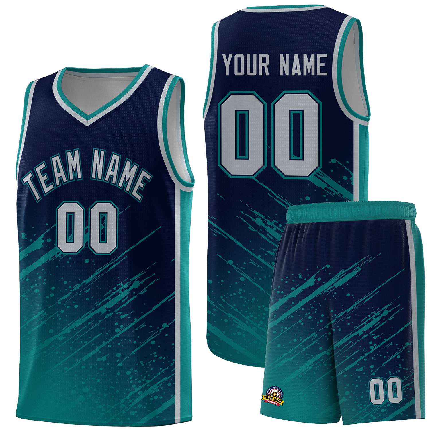 Custom Navy Basketball Kits With Aqua Paint Graffiti