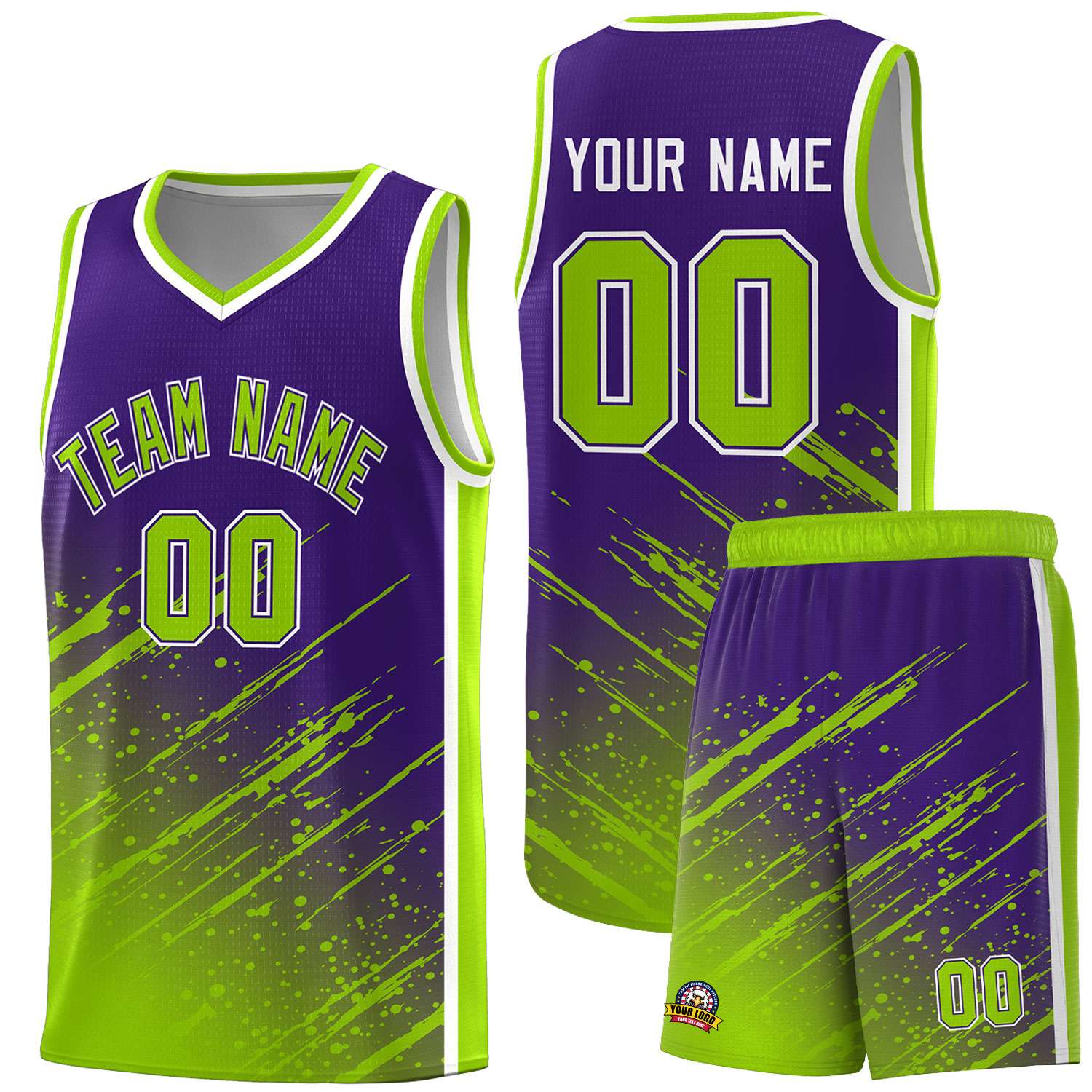 Custom Purple Basketball Kits With Neon Green Paint Graffiti
