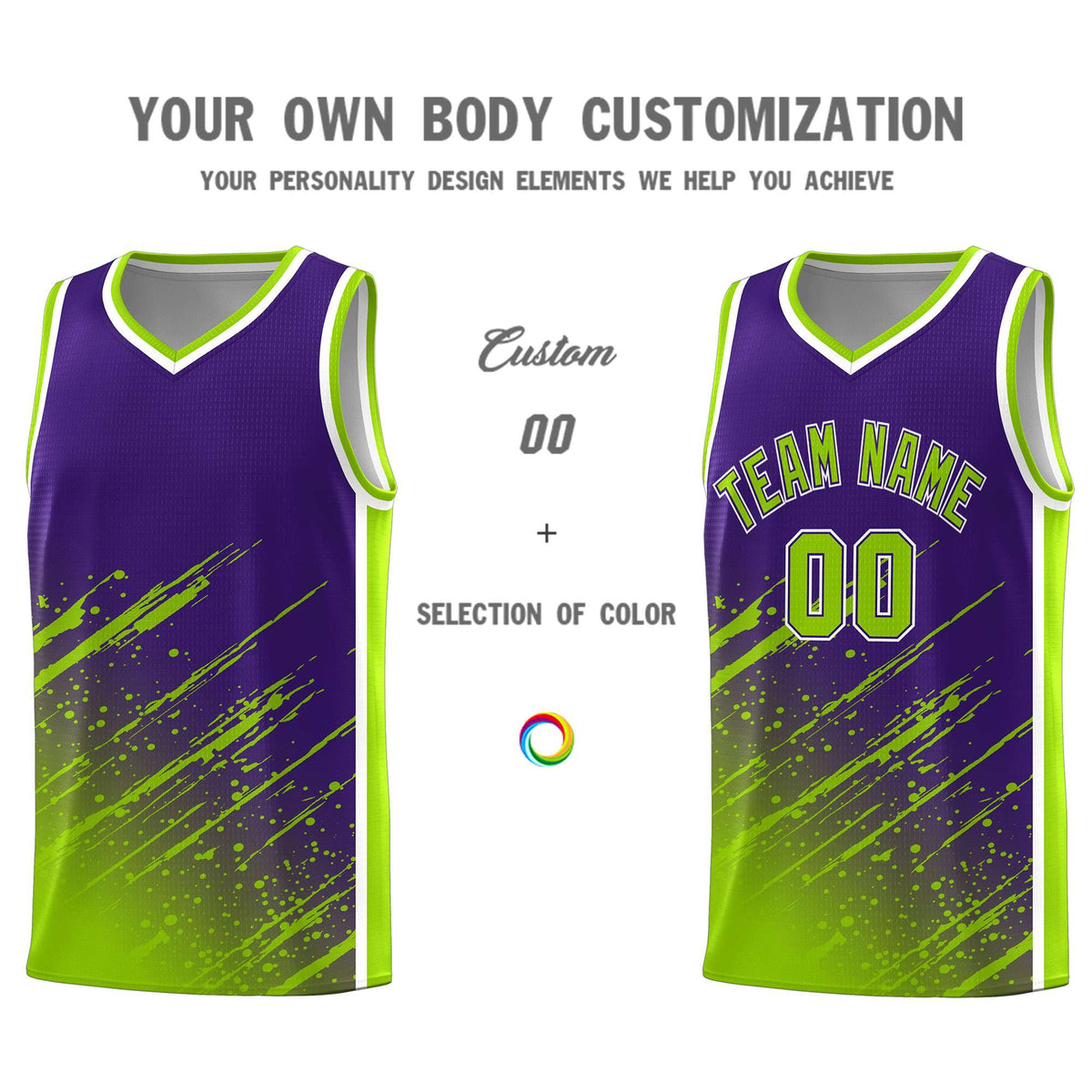 Custom Purple Basketball Kits With Neon Green Paint Graffiti