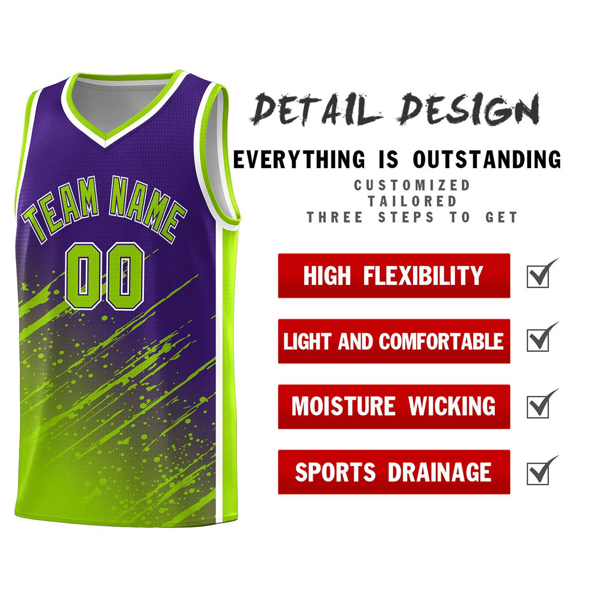 Custom Purple Basketball Kits With Neon Green Paint Graffiti
