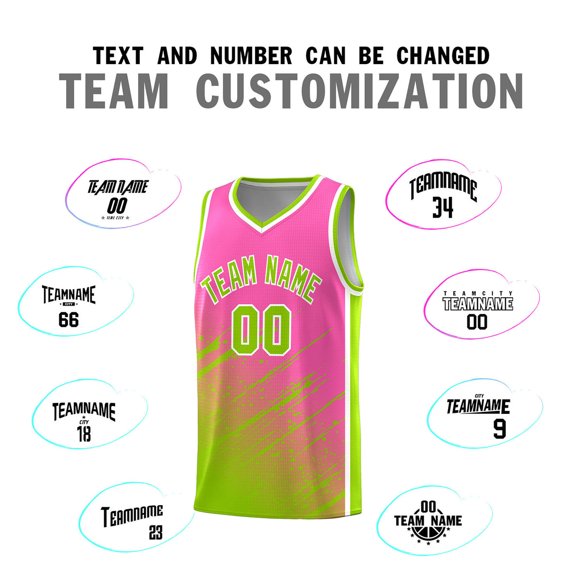Custom Pink Basketball Kits With Neon Green Paint Graffiti