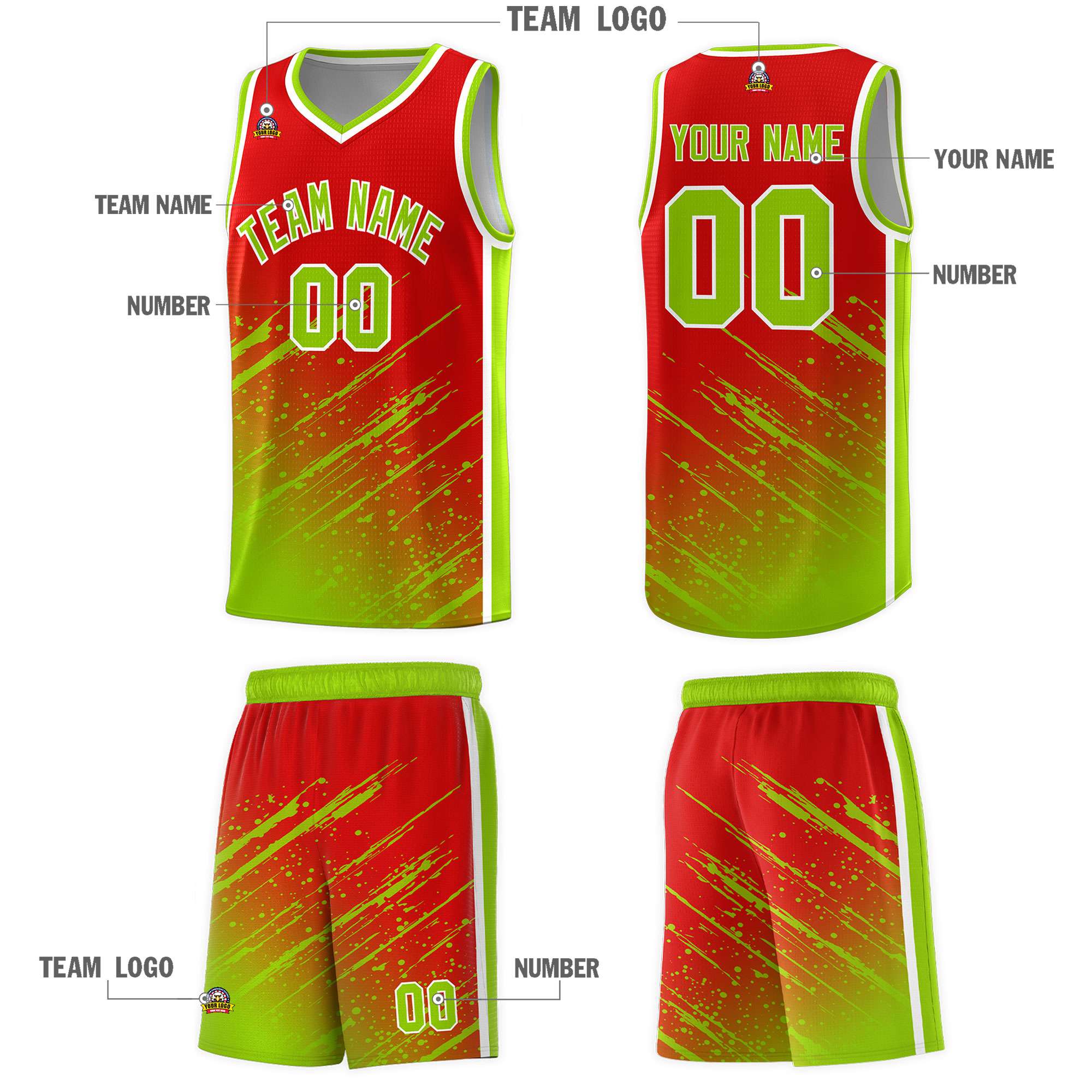 Custom Red Basketball Kits With Neon Green Paint Graffiti