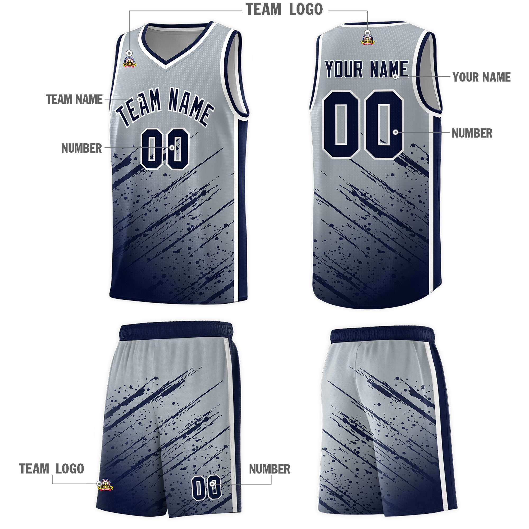 Custom Gray Basketball Kits With Navy Paint Graffiti