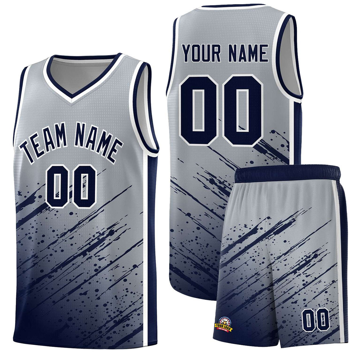 Custom Gray Basketball Kits With Navy Paint Graffiti