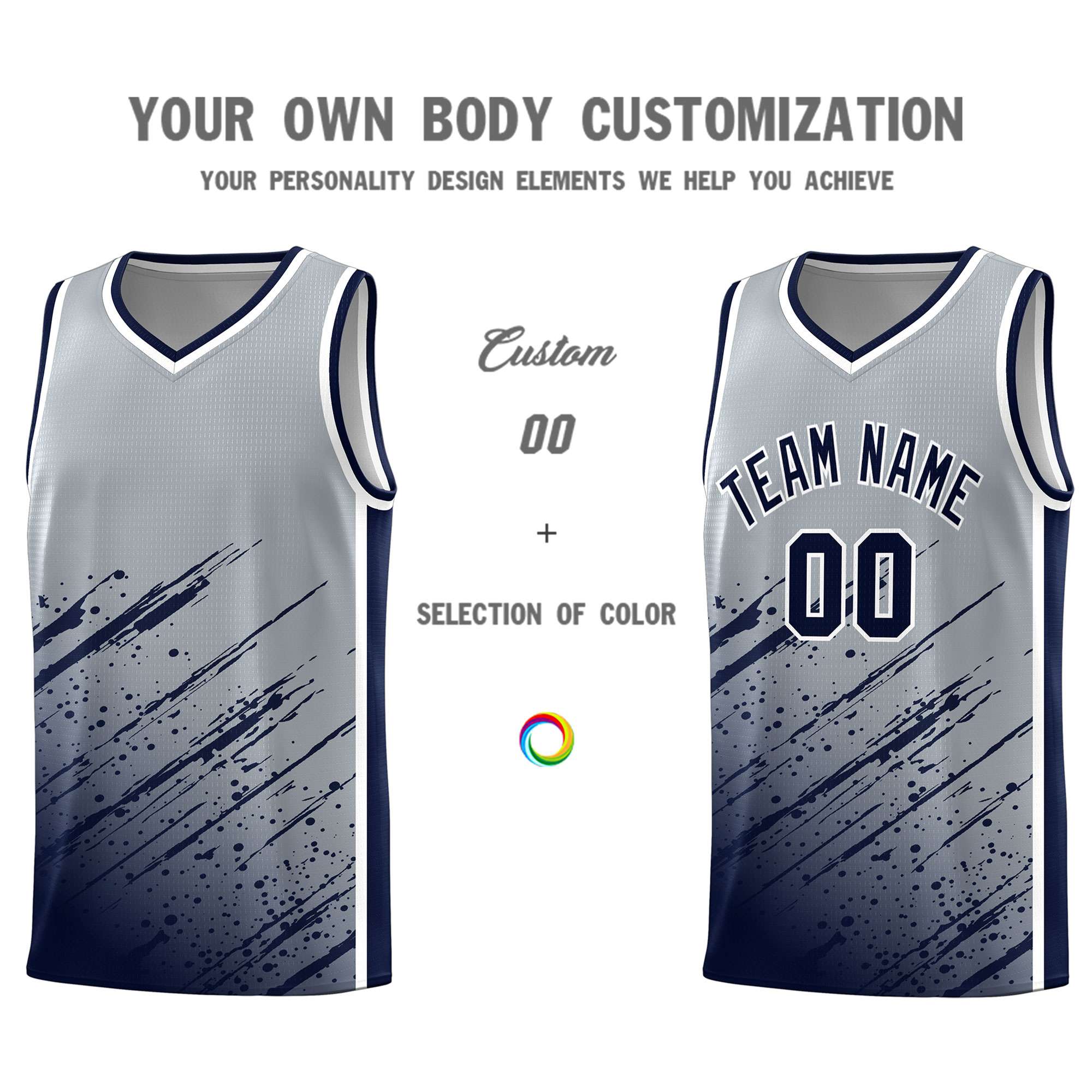 Custom Gray Basketball Kits With Navy Paint Graffiti