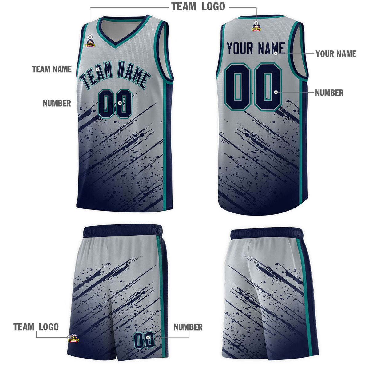Custom Gray Basketball Kits With Navy Paint Graffiti