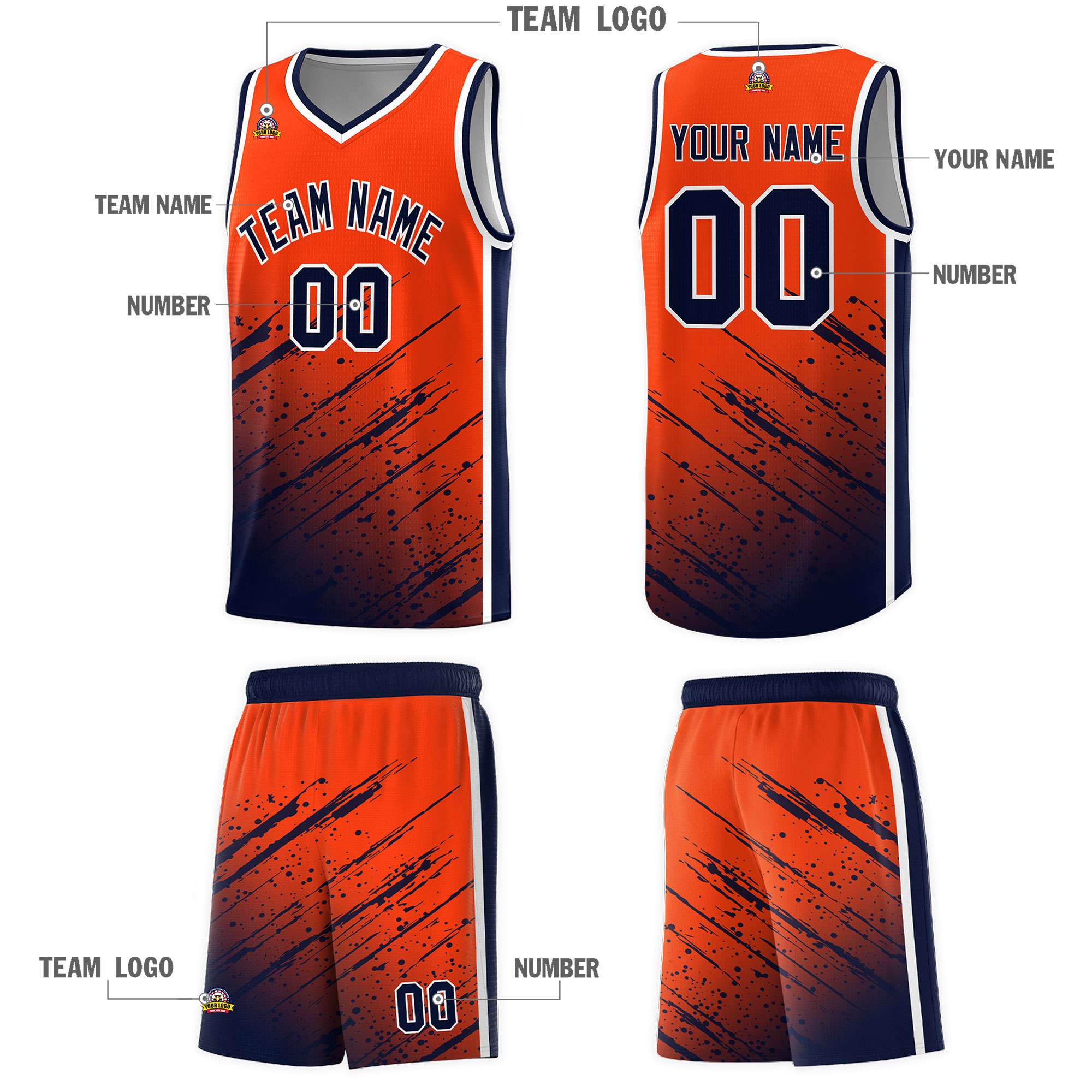 Custom Orange Basketball Kits With Navy Paint Graffiti