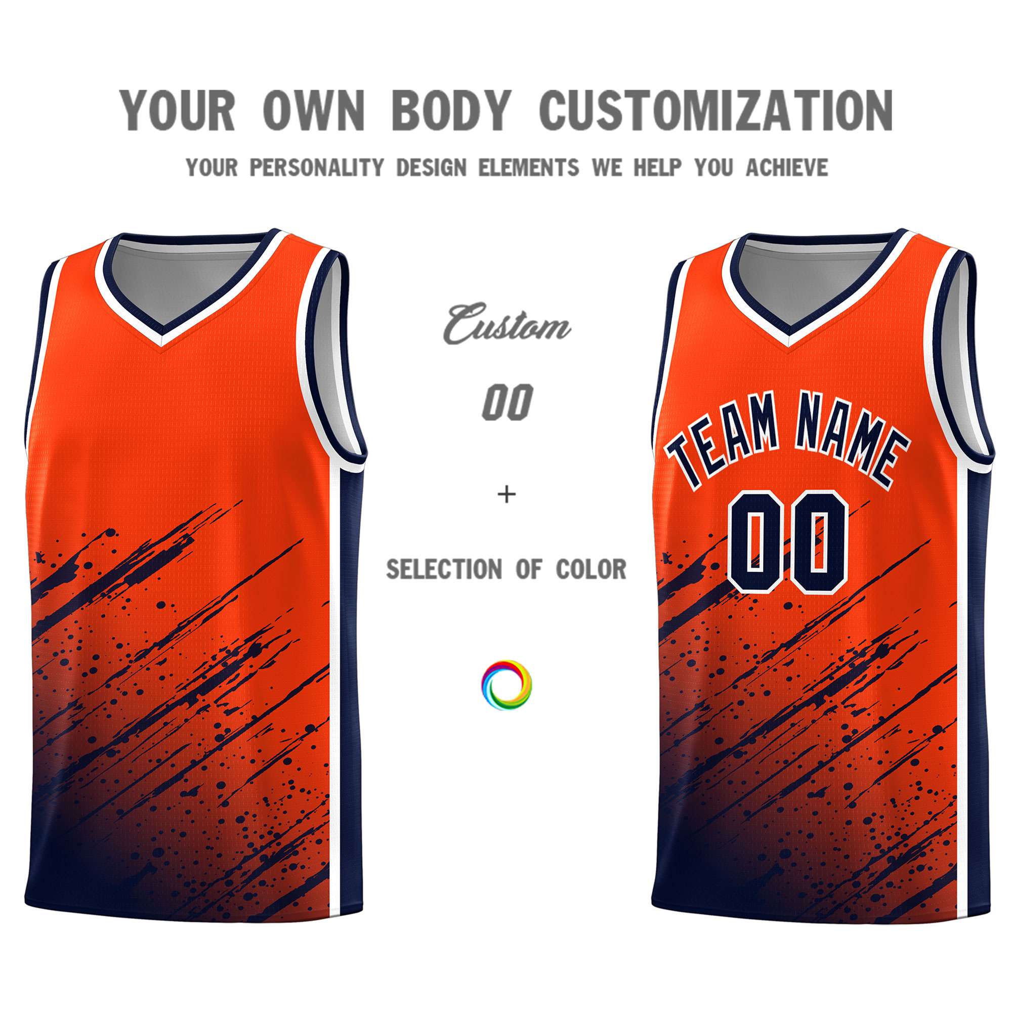 Custom Orange Basketball Kits With Navy Paint Graffiti