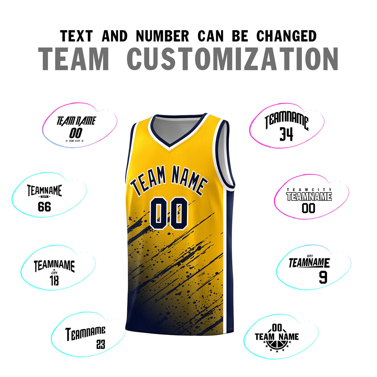 Custom Yellow Basketball Kits With Navy Paint Graffiti