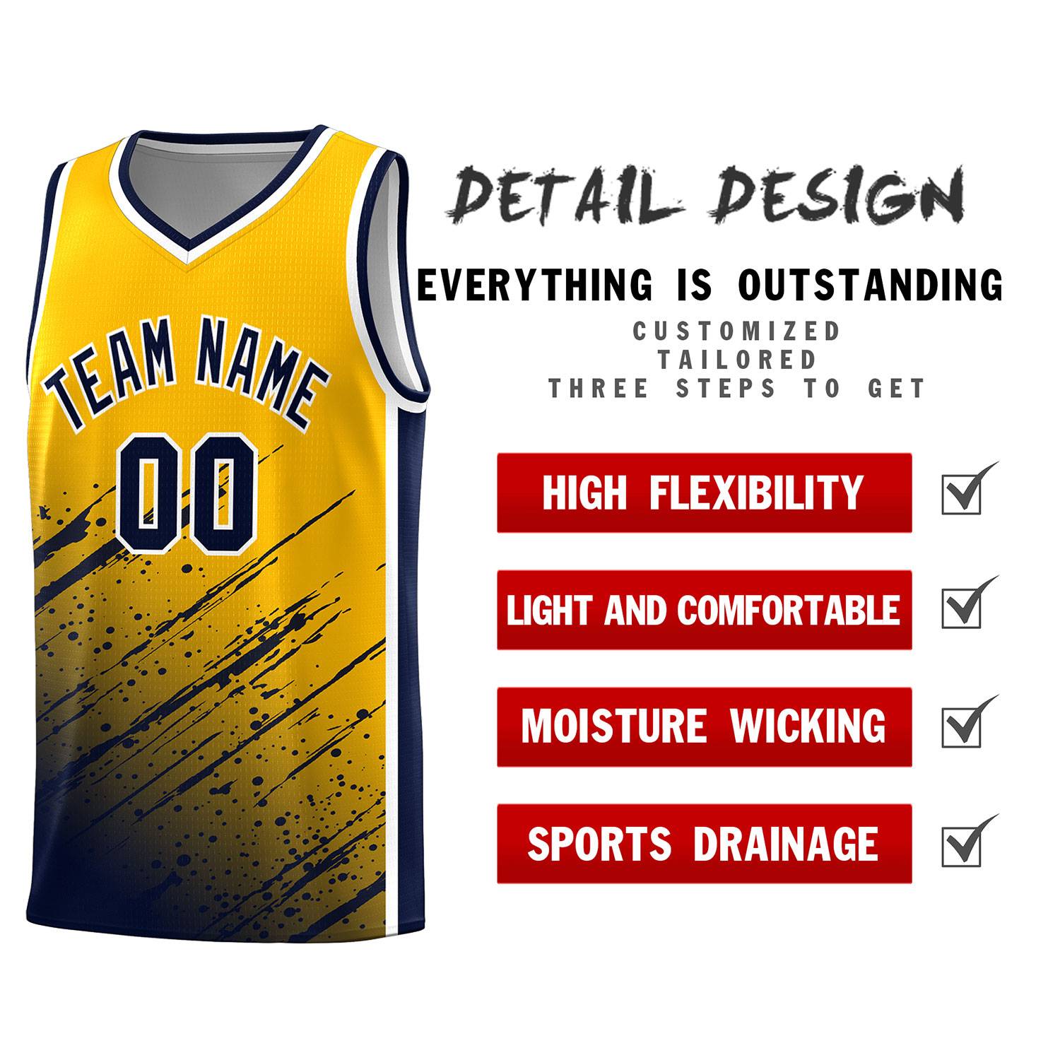 Custom Yellow Basketball Kits With Navy Paint Graffiti