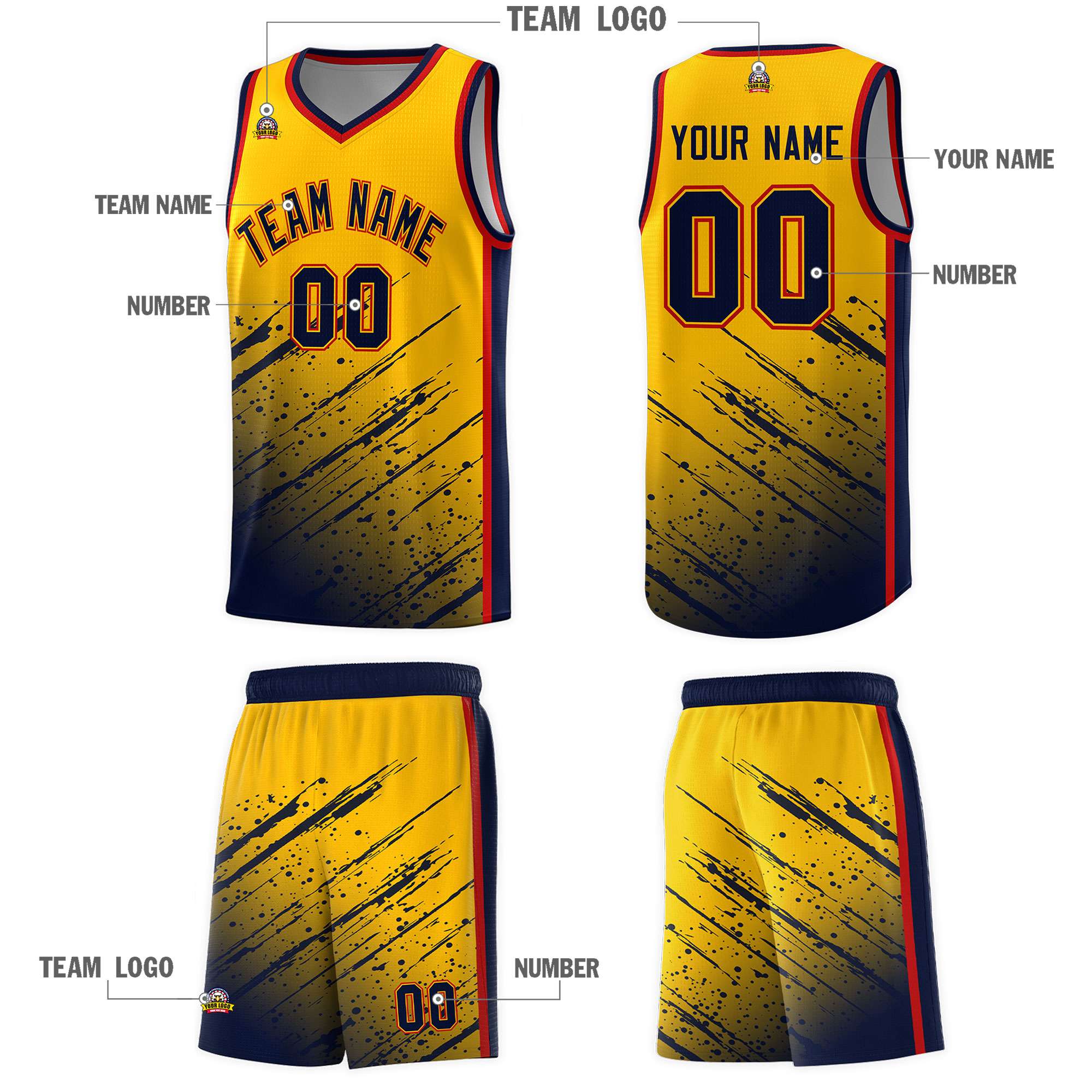 Custom Yellow Basketball Kits With Navy Paint Graffiti
