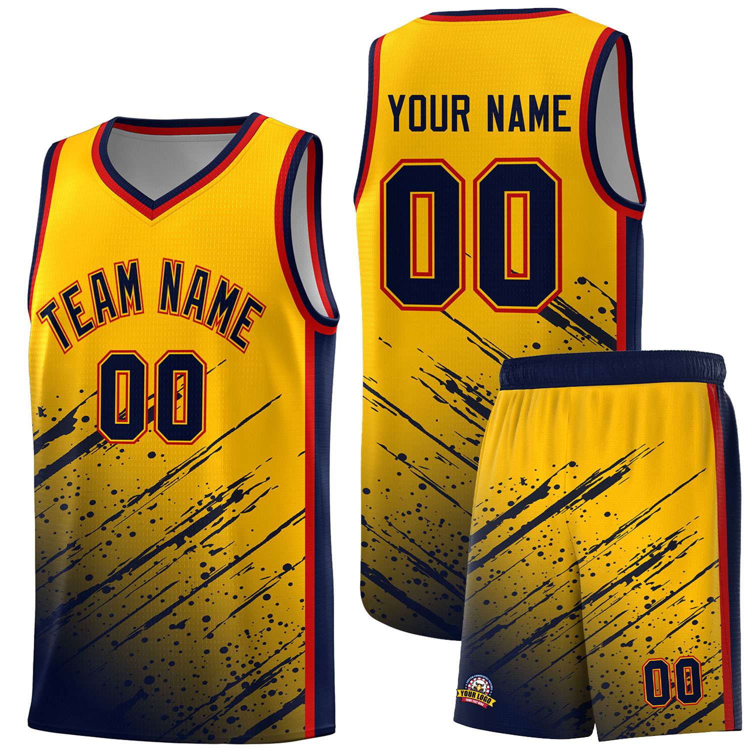 Custom Yellow Basketball Kits With Navy Paint Graffiti