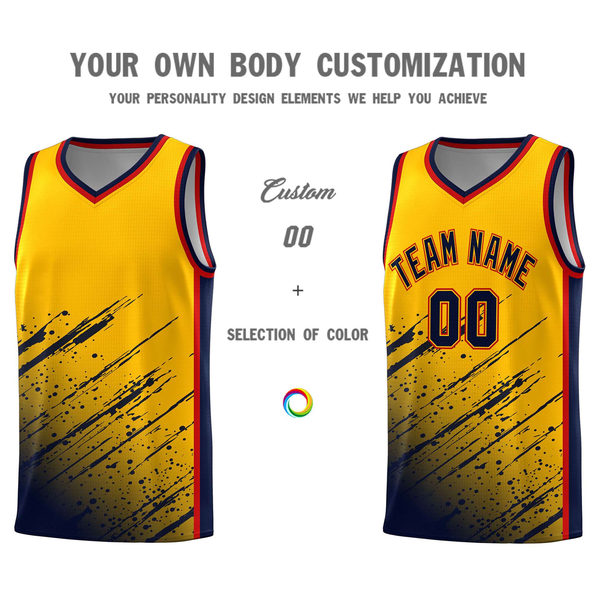 Custom Yellow Basketball Kits With Navy Paint Graffiti