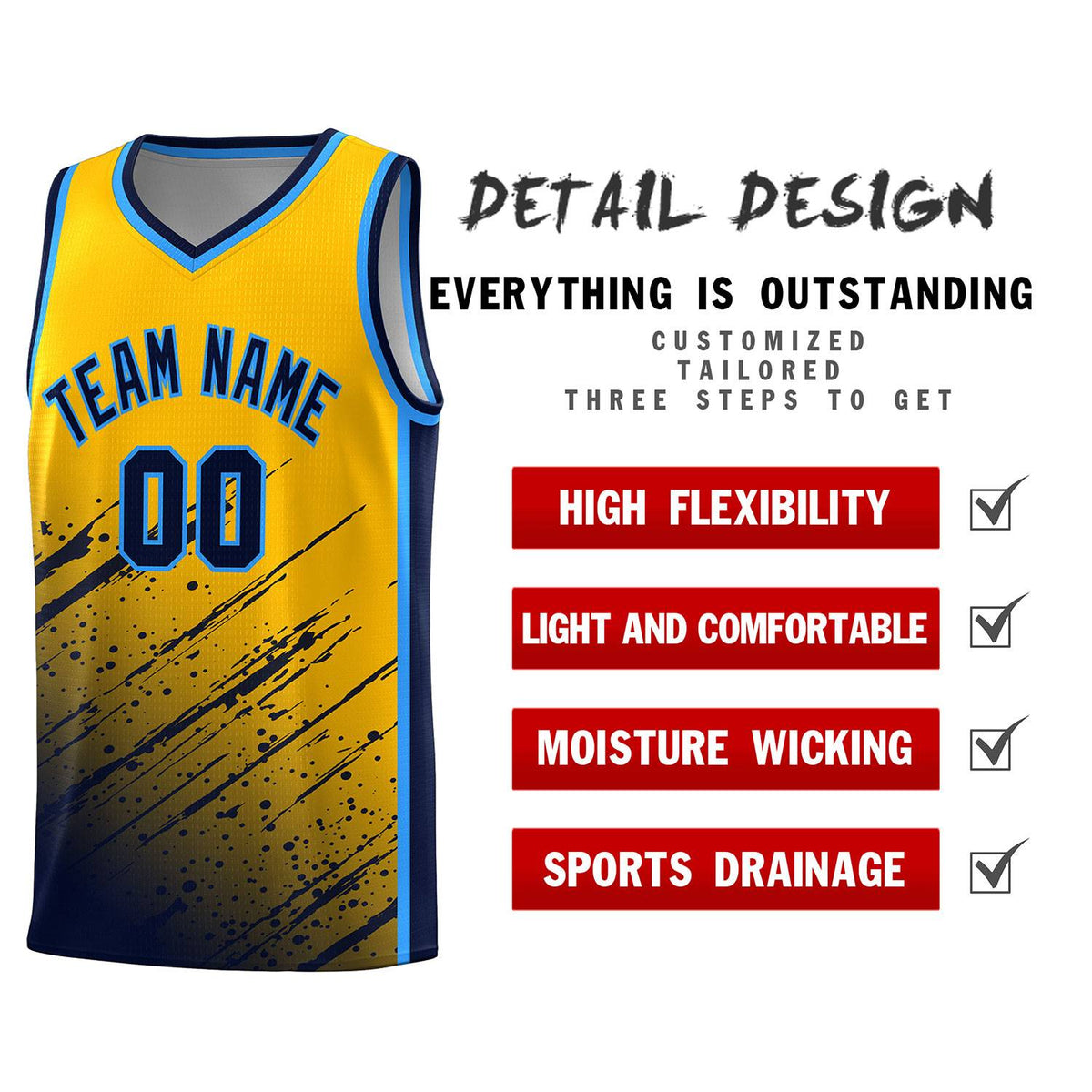 Custom Yellow Basketball Kits With Navy Paint Graffiti