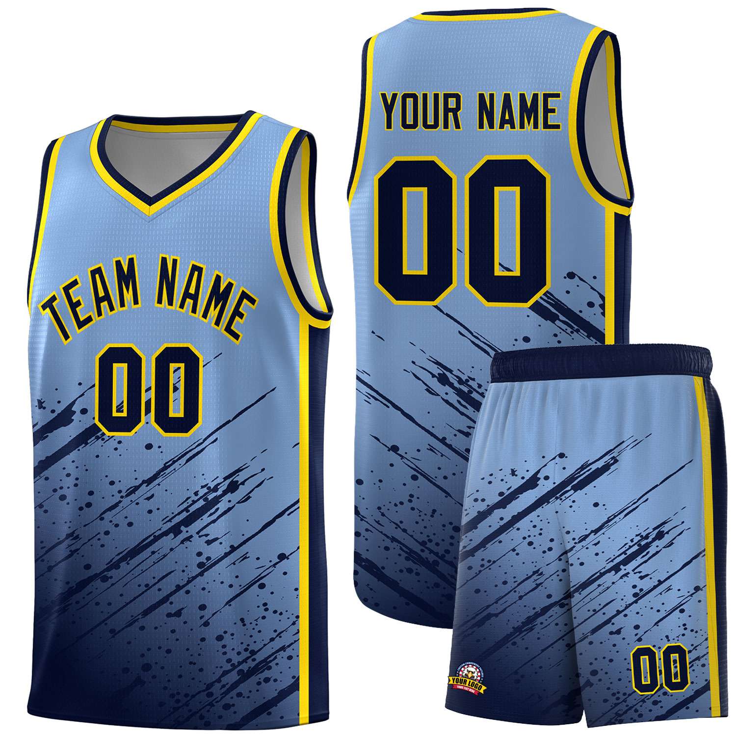 Custom Light Blue Basketball Kits With Navy Paint Graffiti