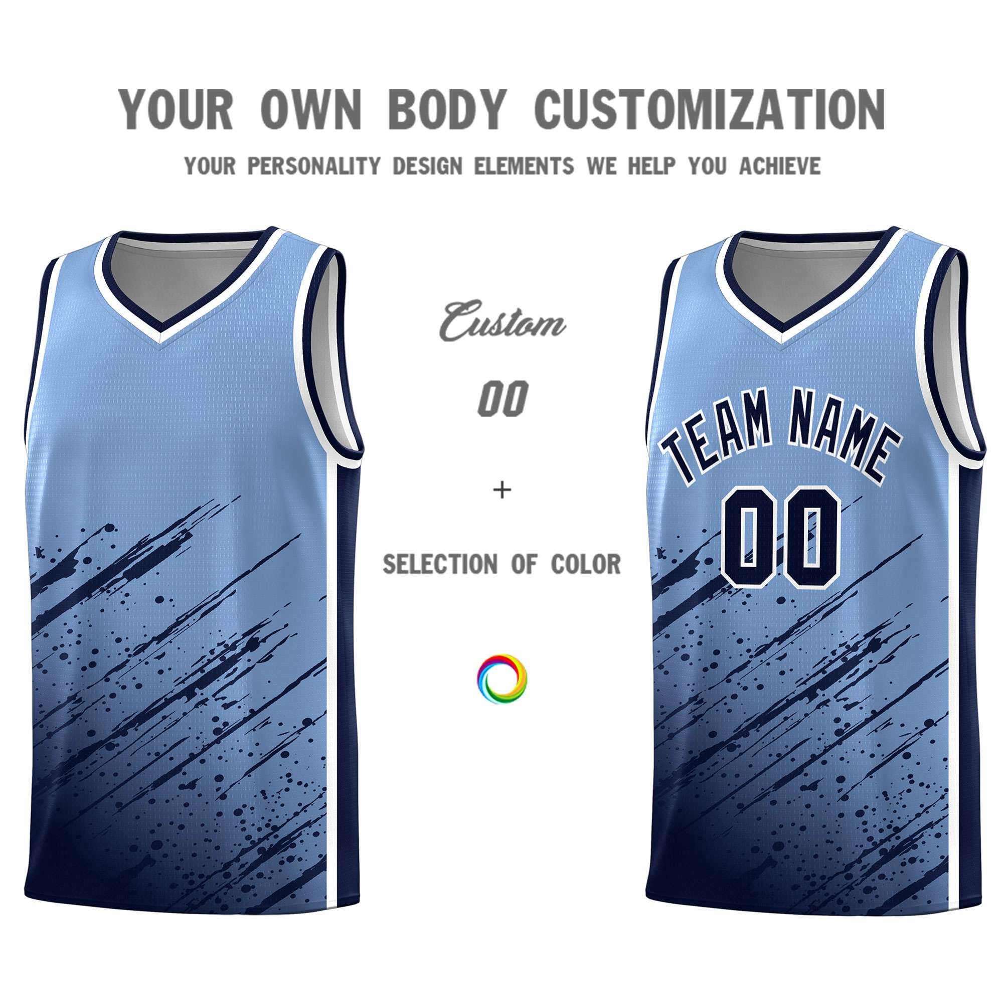 Custom Light Blue Basketball Kits With Navy Paint Graffiti