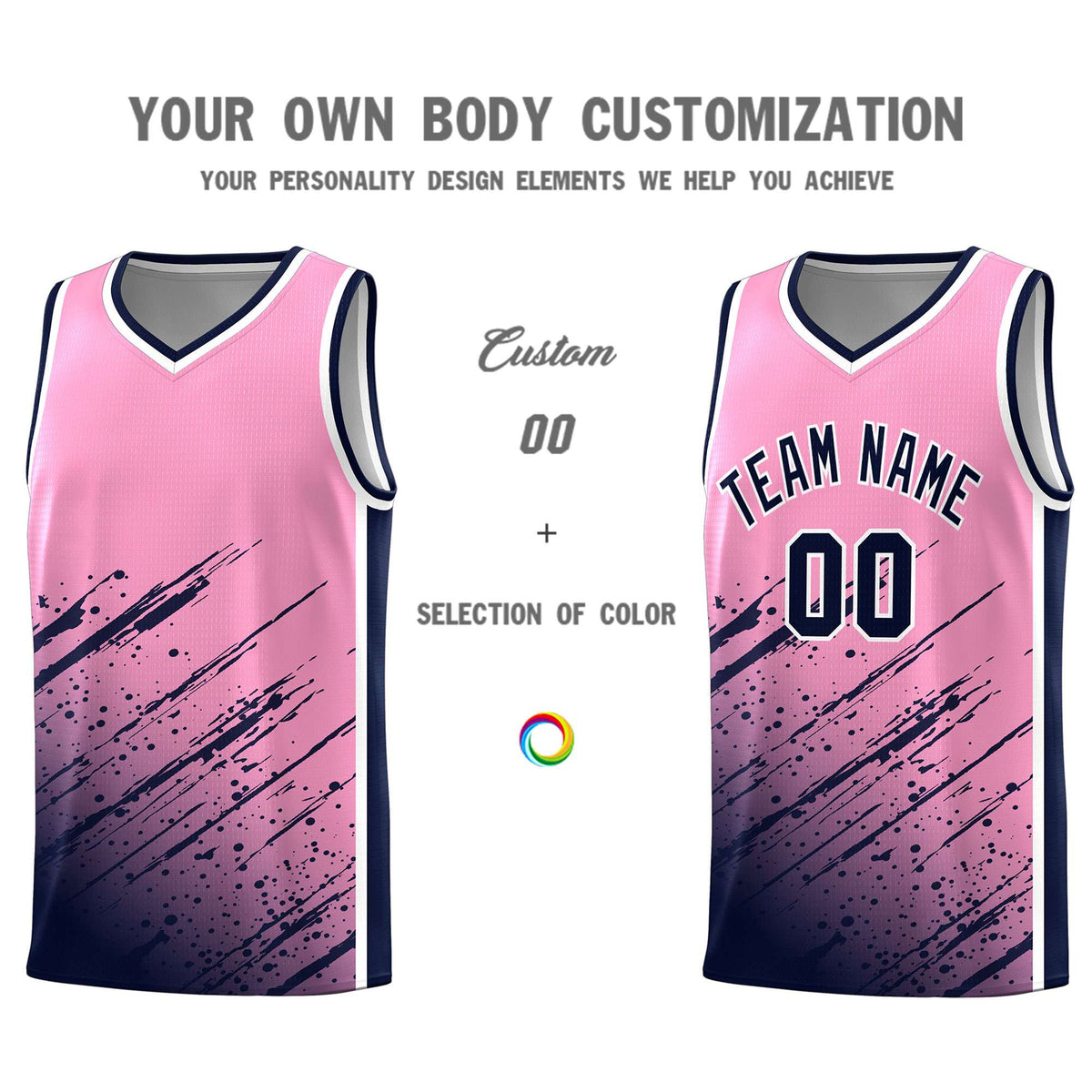 Custom Light Pink Basketball Kits With Navy Paint Graffiti