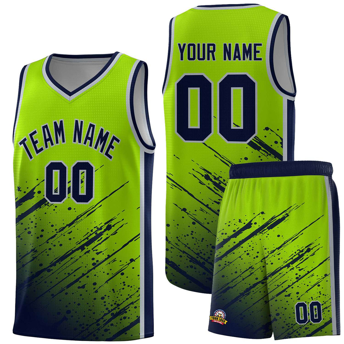 Custom Neon Green Basketball Kits With Navy Paint Graffiti