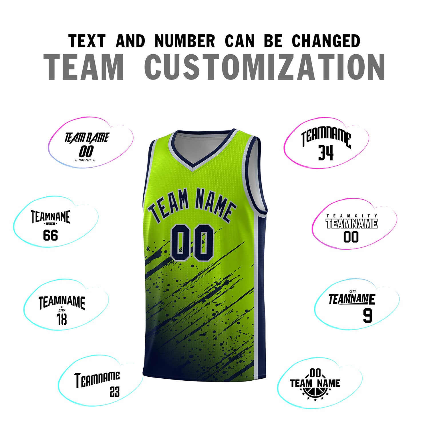 Custom Neon Green Basketball Kits With Navy Paint Graffiti