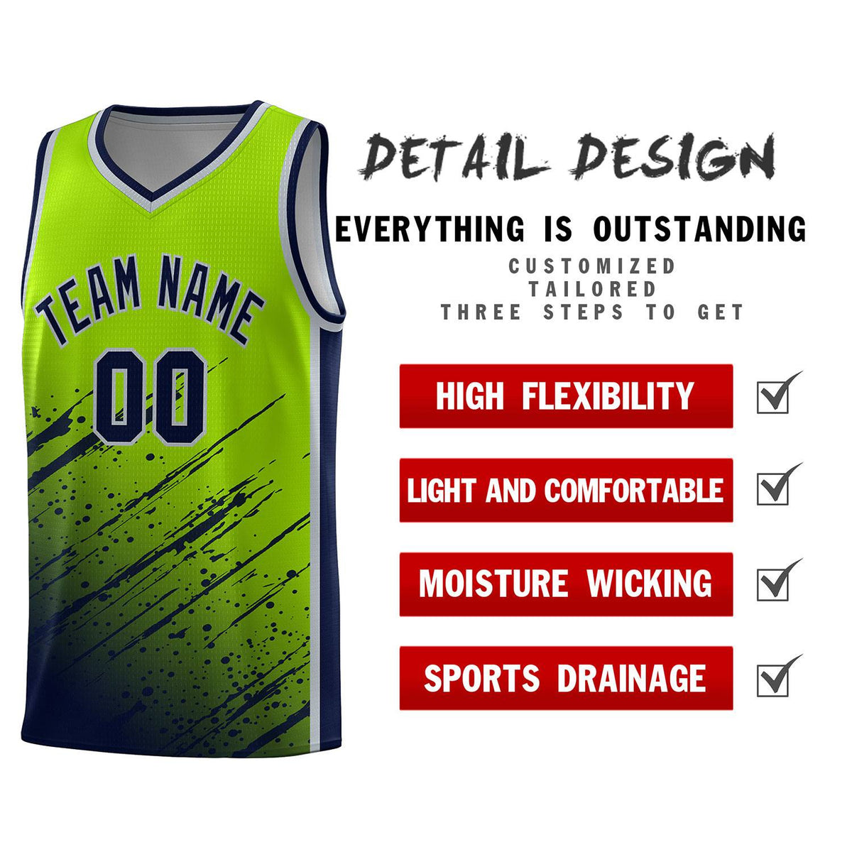 Custom Neon Green Basketball Kits With Navy Paint Graffiti