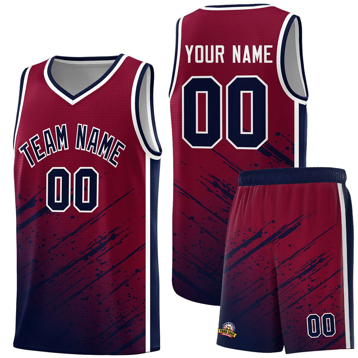 Custom Crimson Basketball Kits With Navy Paint Graffiti