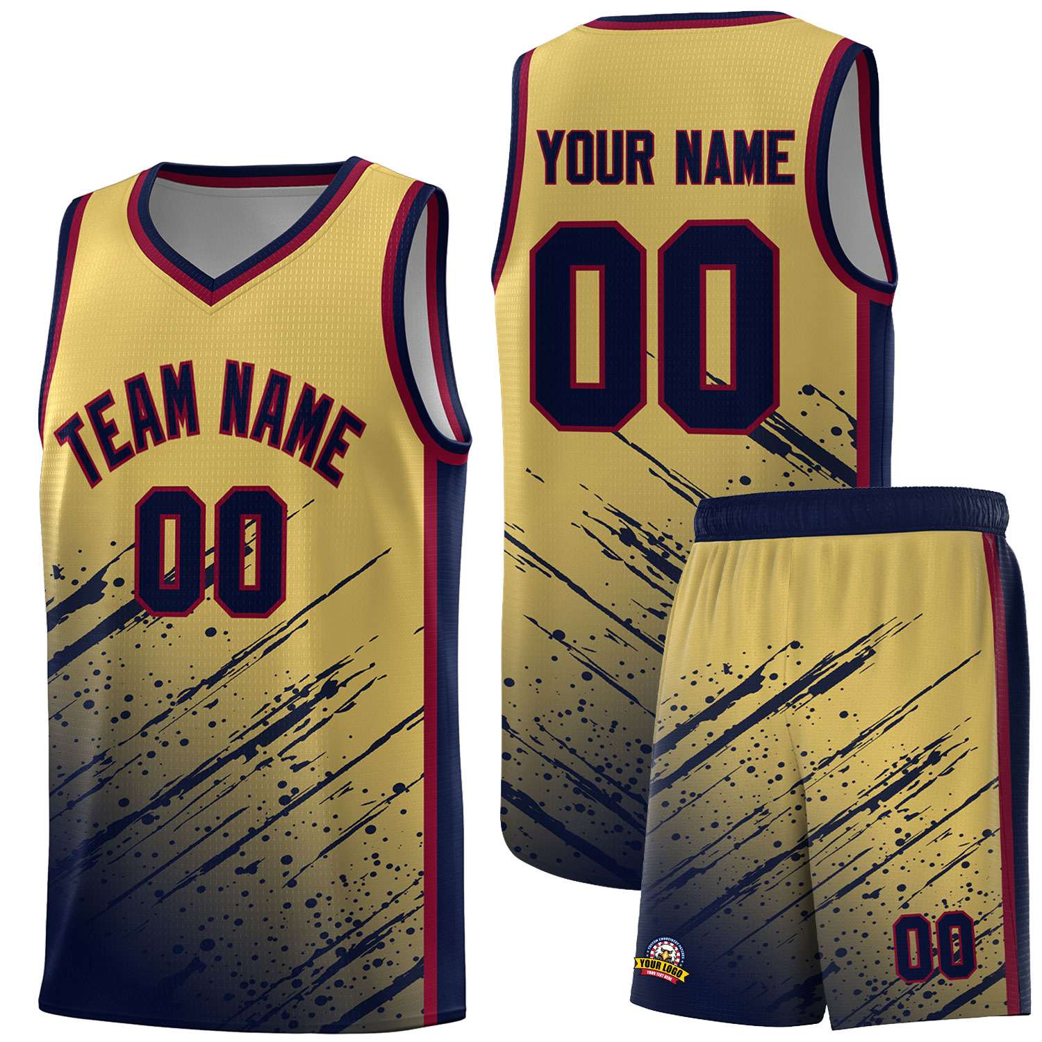 Custom Khaki Basketball Kits With Navy Paint Graffiti