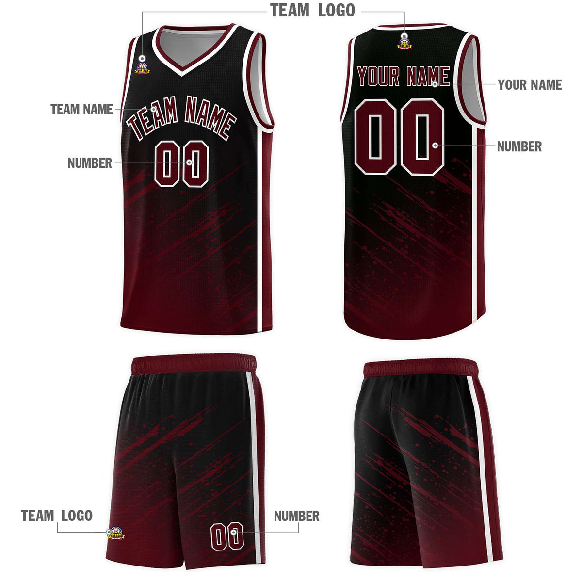 Custom Black Basketball Kits With Crimson Paint Graffiti