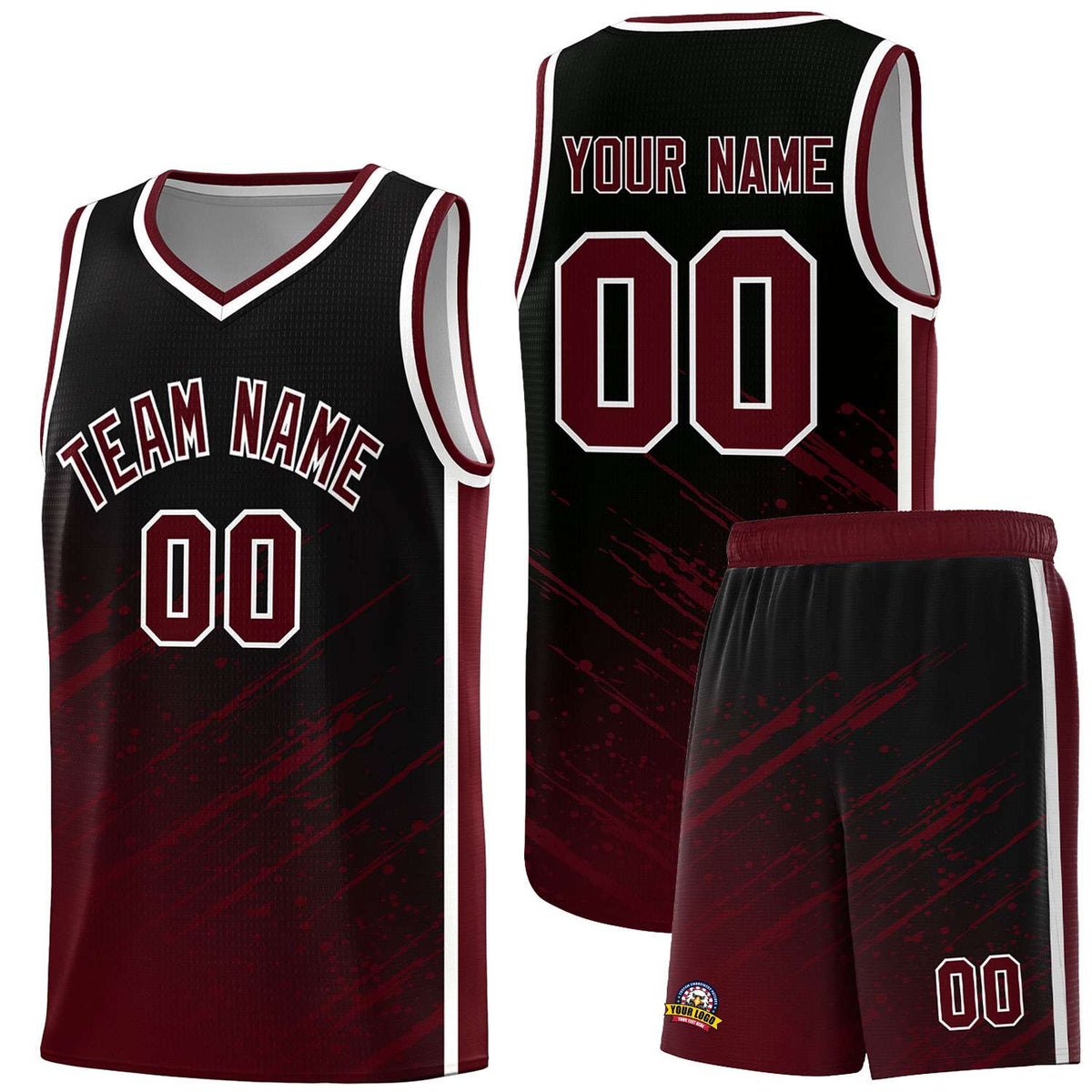 Custom Black Basketball Kits With Crimson Paint Graffiti