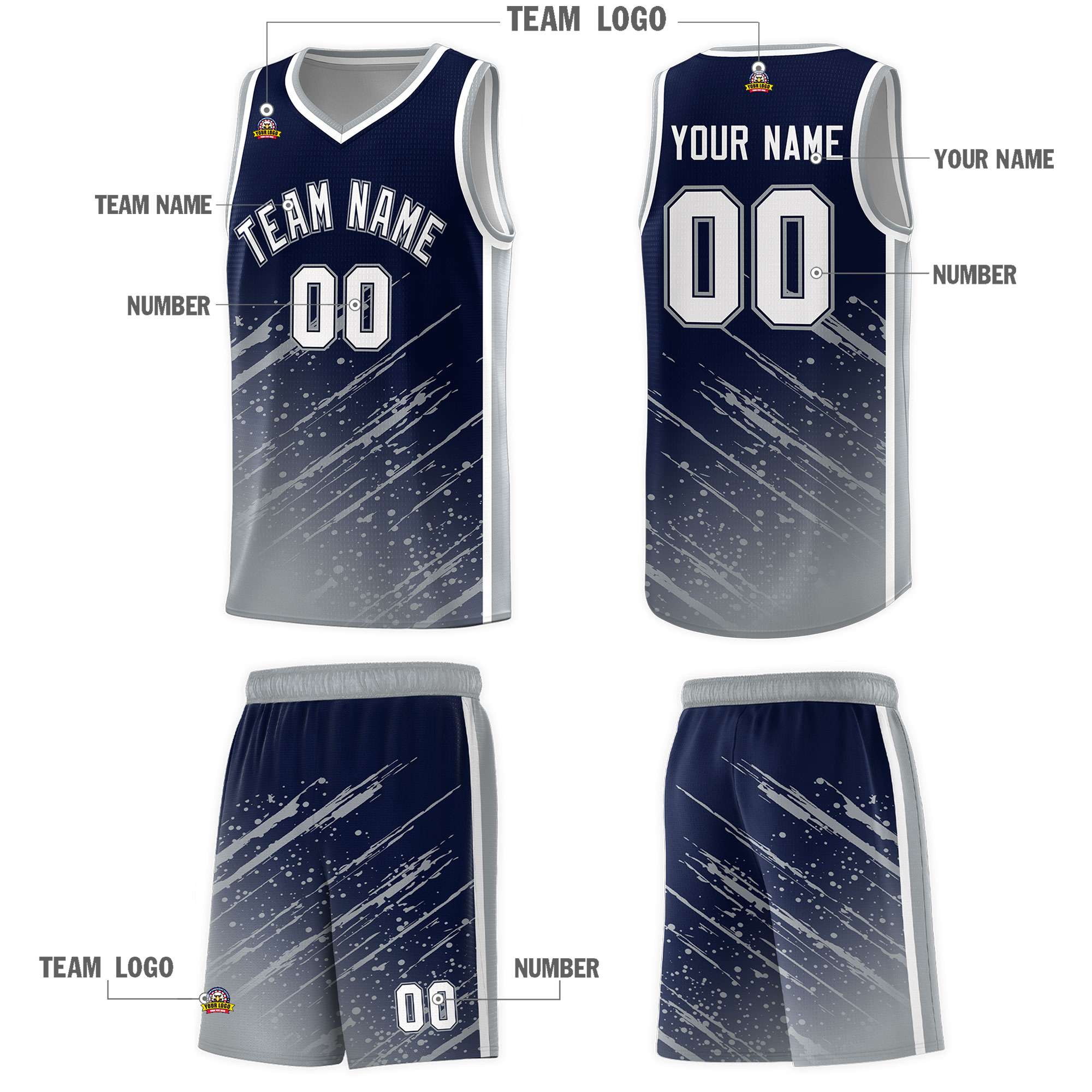 Custom Navy Basketball Kits With Gray Paint Graffiti