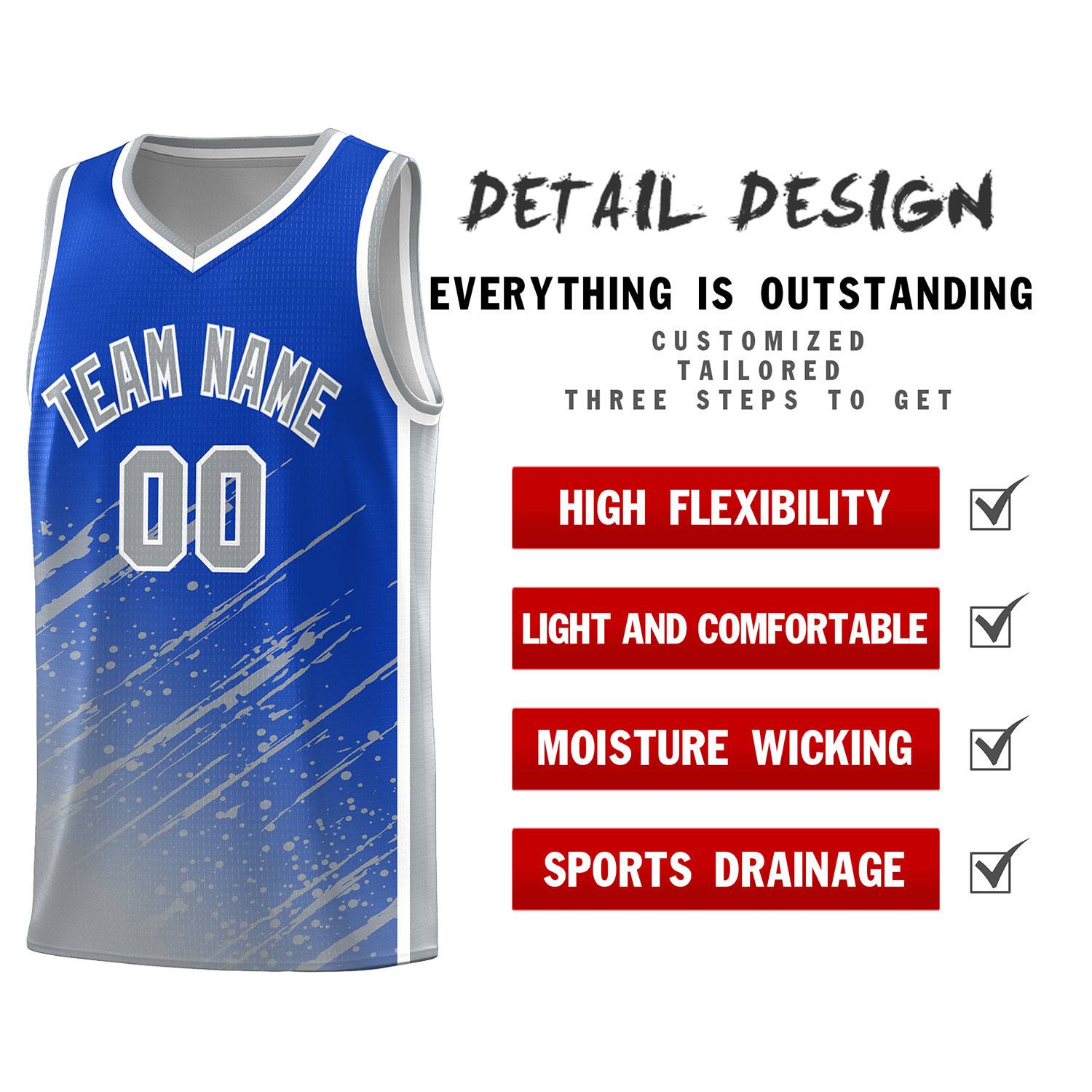 Custom Royal Basketball Kits With Gray Paint Graffiti