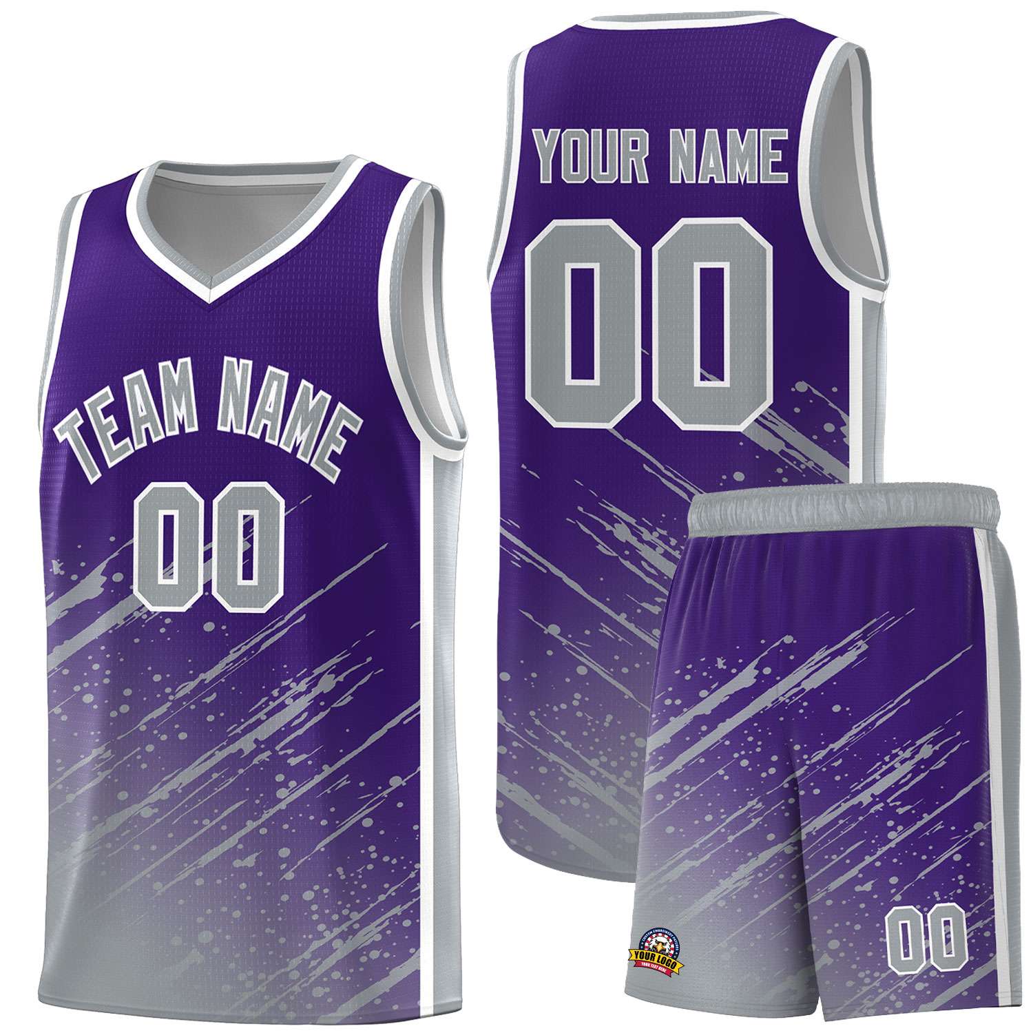 Custom Purple Basketball Kits With Gray Paint Graffiti