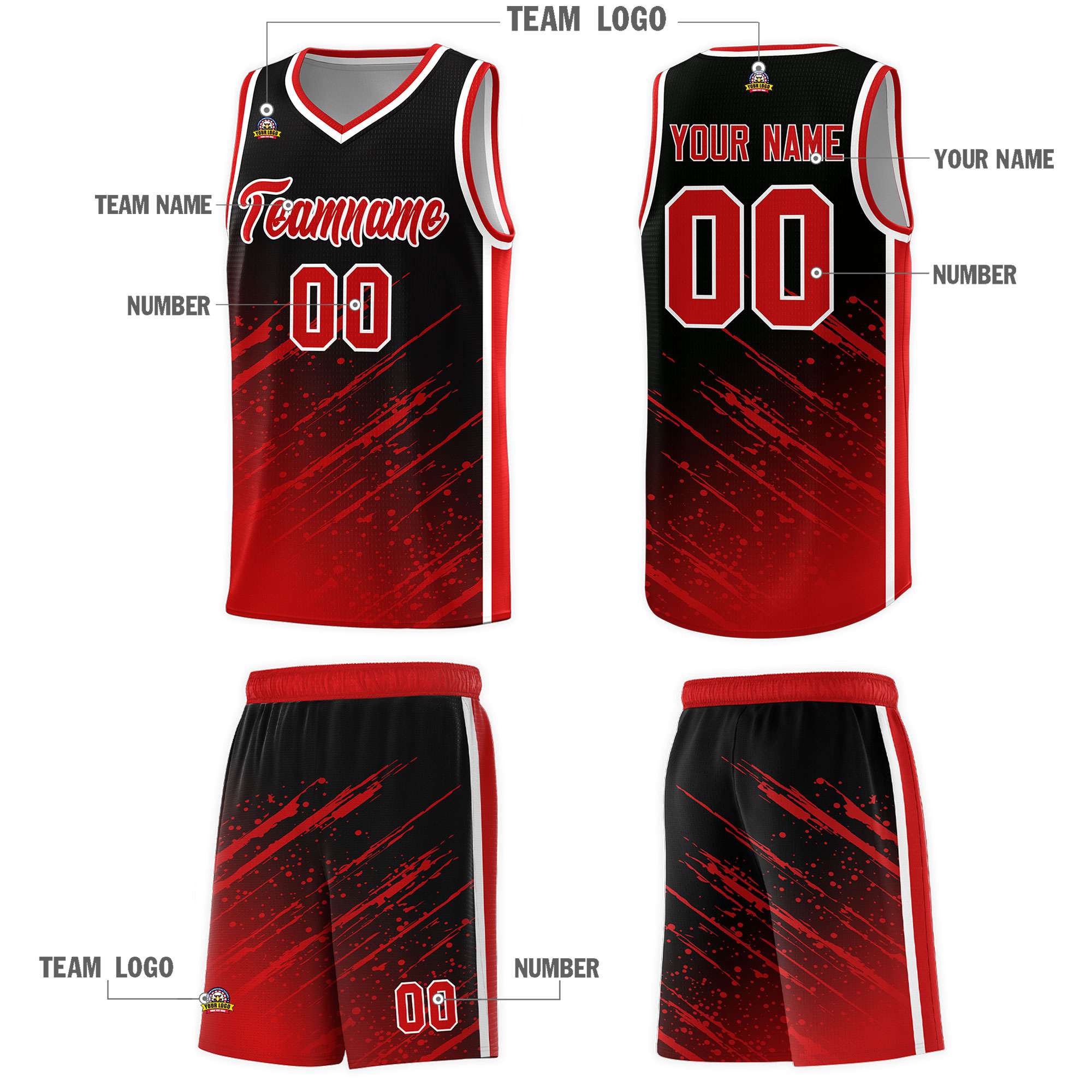 Custom Black Basketball Kits With Red Paint Graffiti