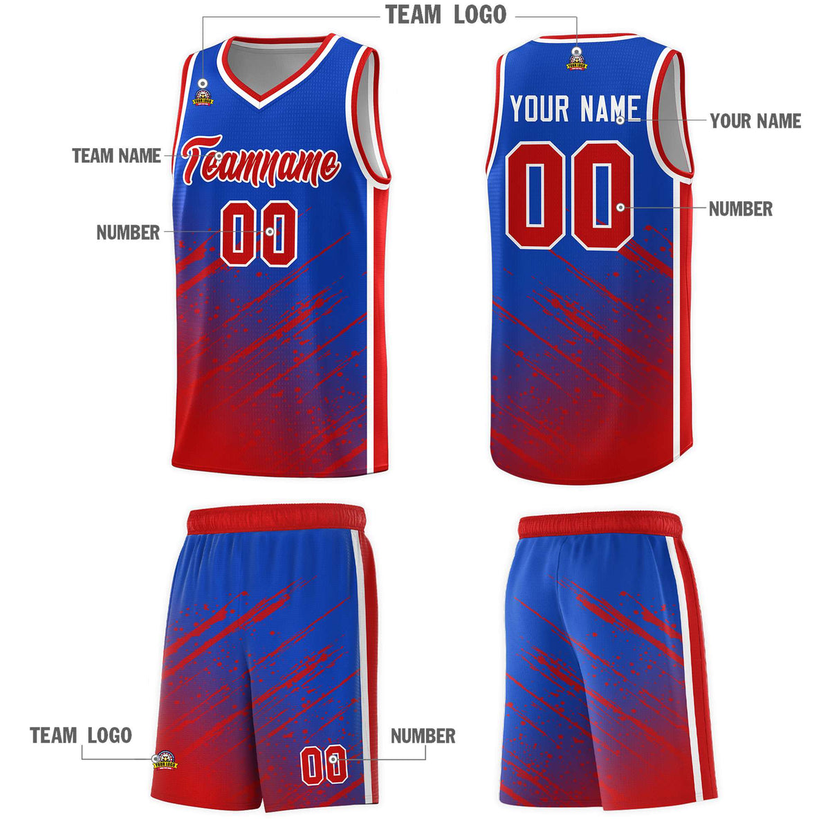 Custom Royal Basketball Kits With Red Paint Graffiti